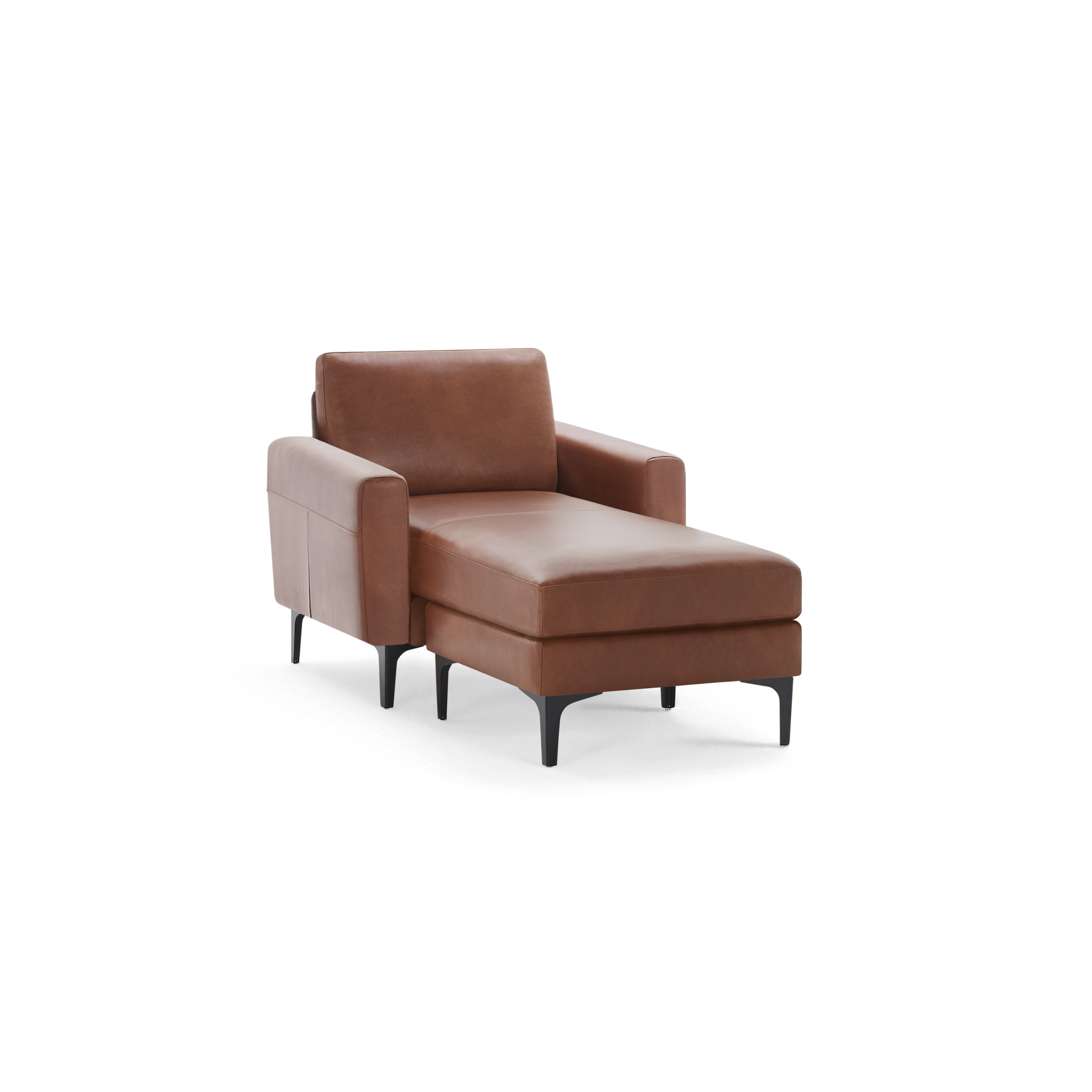 Modern brown leather chaise lounge with cushioned armrests and black slender legs, designed for comfortable seating and relaxation.