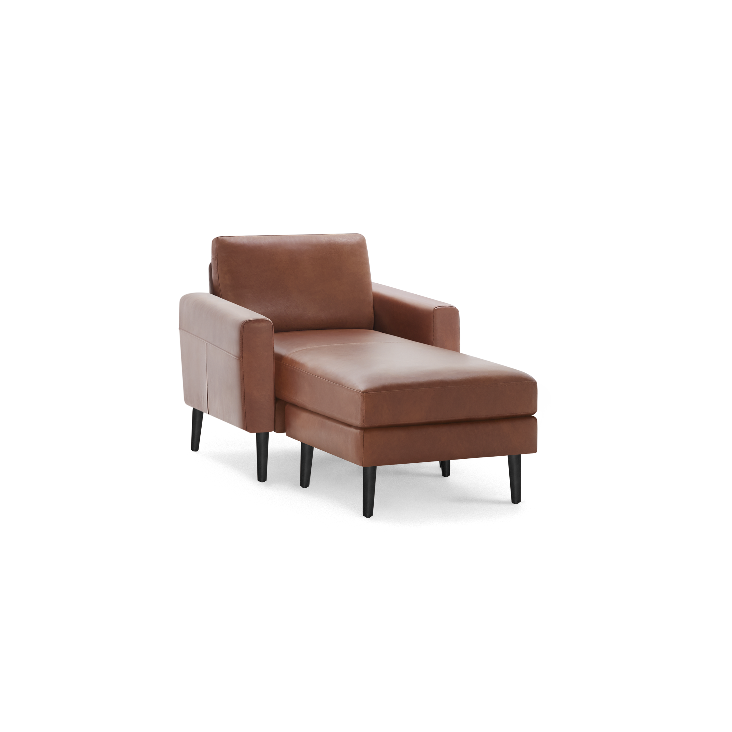 Mid-century style brown leather chaise lounge with armrests and black tapered legs, designed for comfort and relaxation.