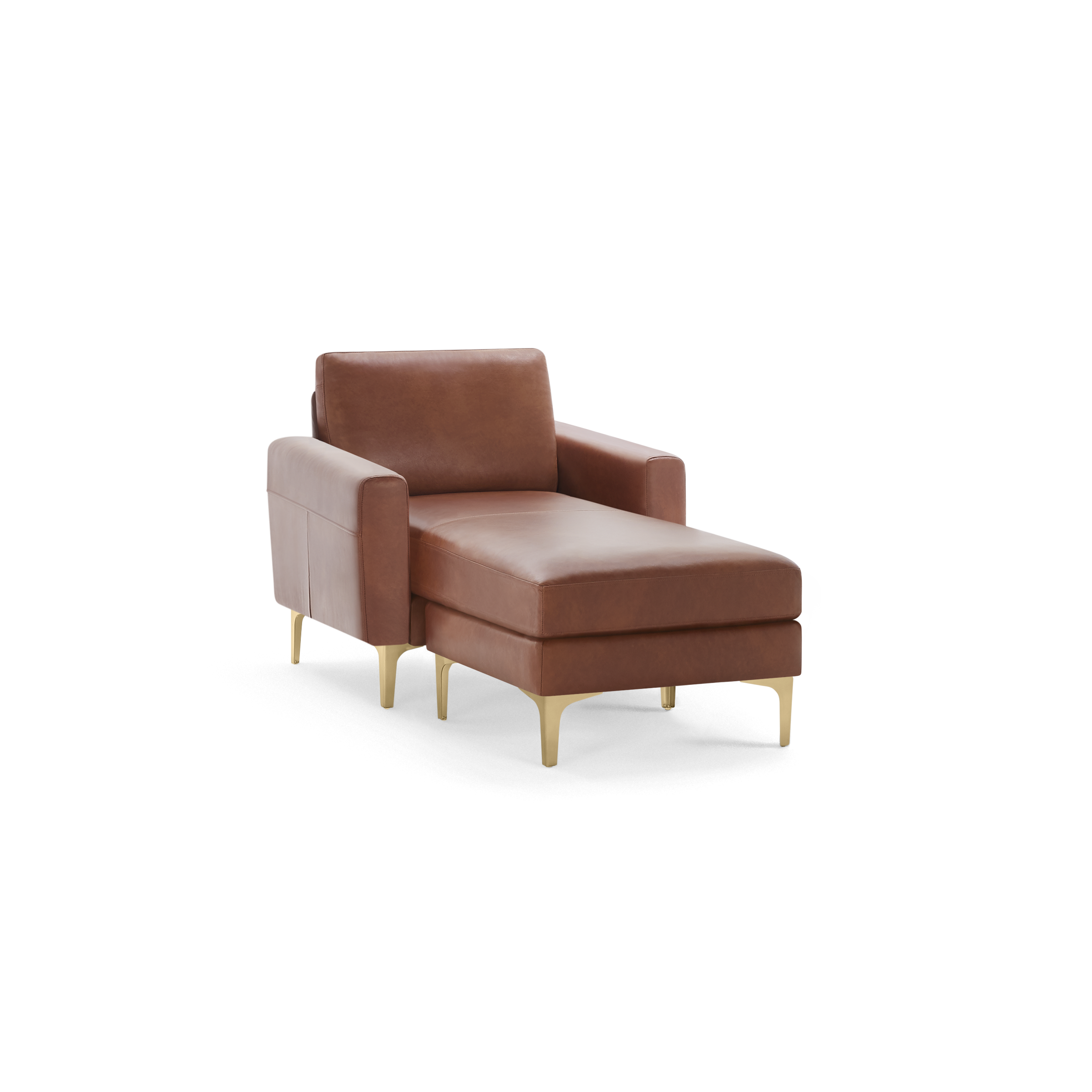 Modern brown leather chaise lounge with gold metal legs, plush cushions, and a single armrest on the left side.