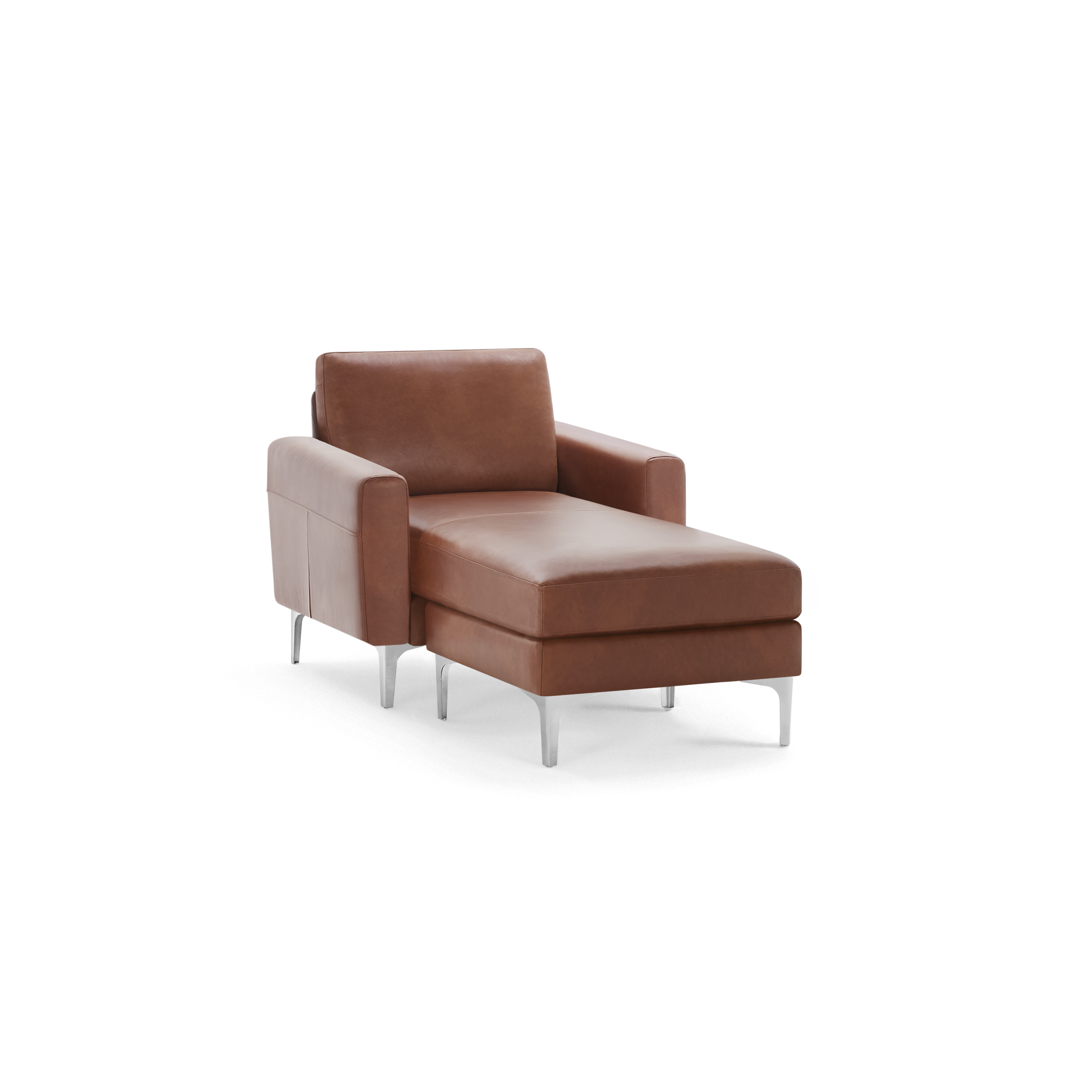Modern brown leather chaise lounge armchair with metal legs, wide armrests, and cushioned backrest, perfect for relaxing.