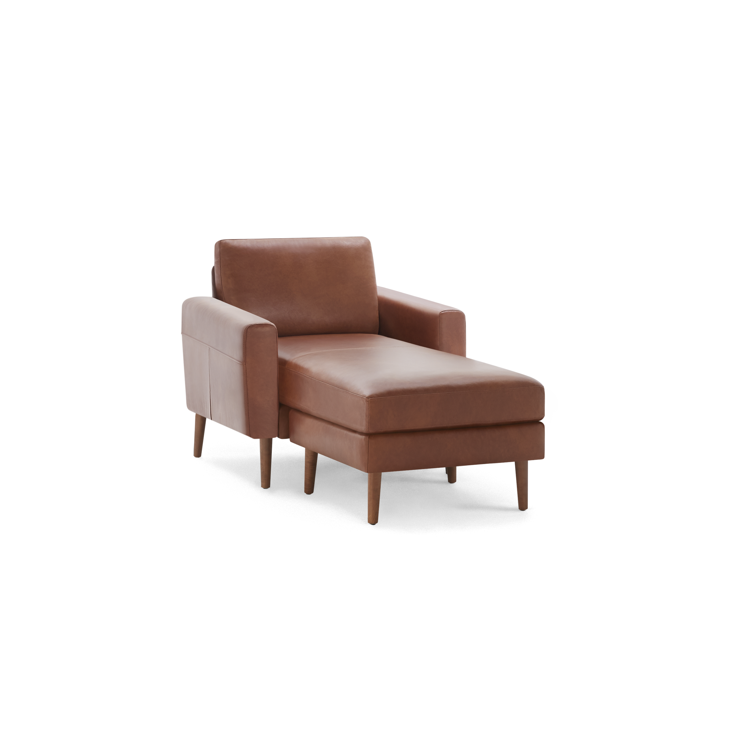 Modern brown leather chaise lounge chair with armrests and wooden legs, designed for comfortable seating and relaxation.