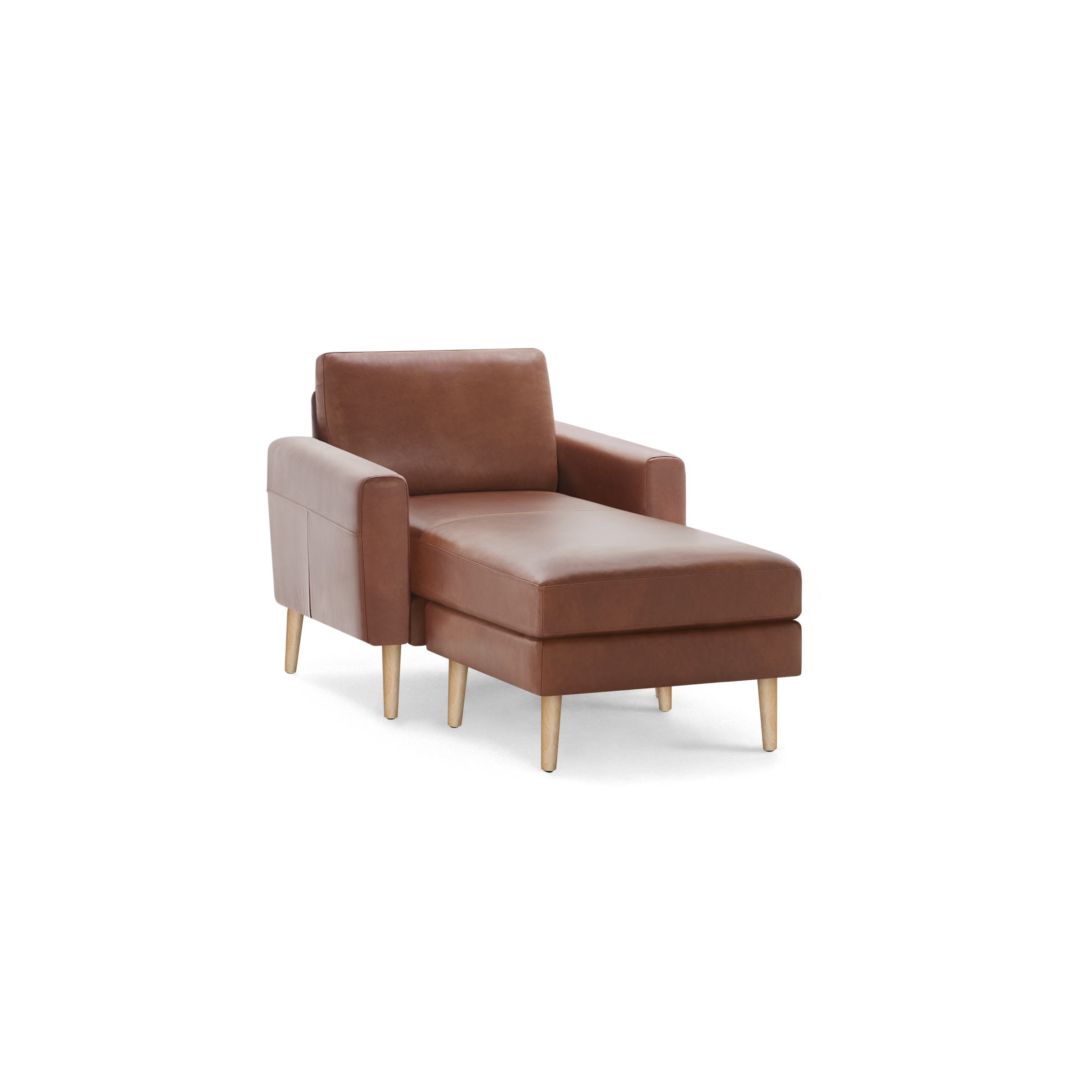 Brown leather single-seat chaise lounge chair with wooden legs, featuring cushioned armrests and backrest.