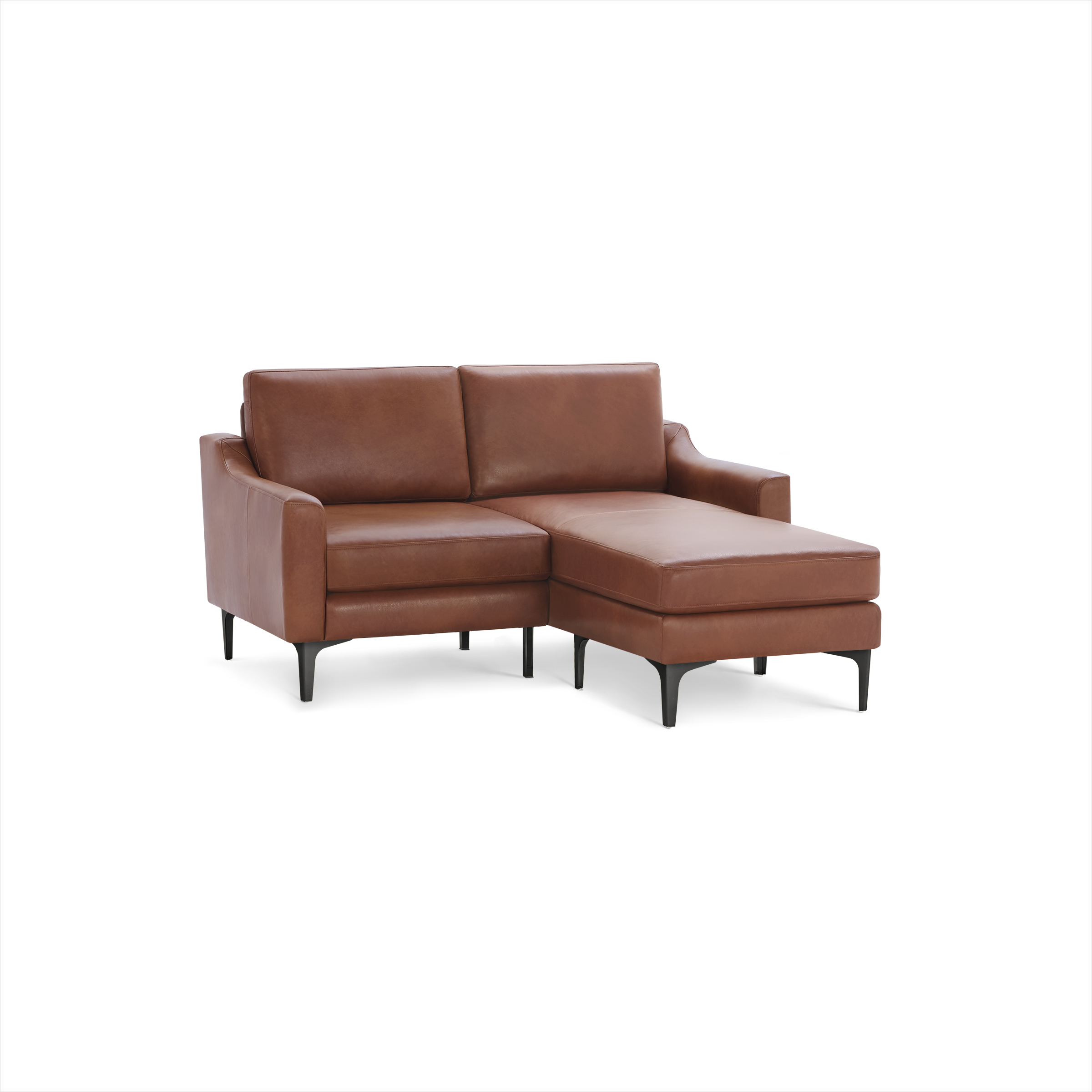 Modern brown leather sectional sofa with a chaise lounge on the right side and black tapered legs.