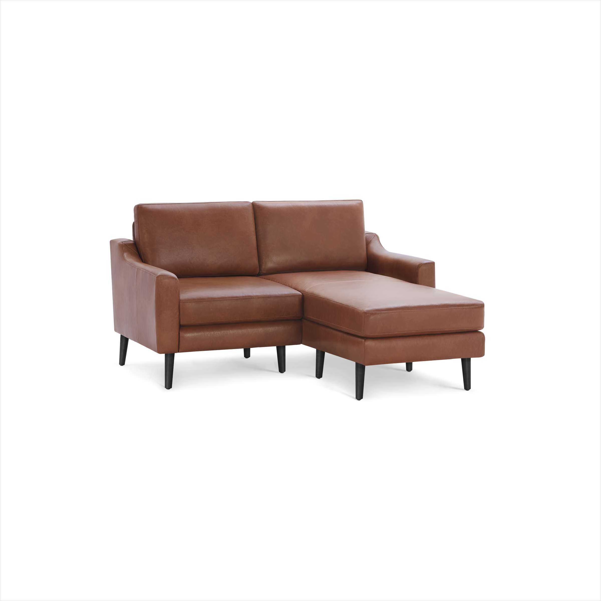 Modern brown leather sectional sofa with chaise lounge and black tapered legs, designed for comfort and style.