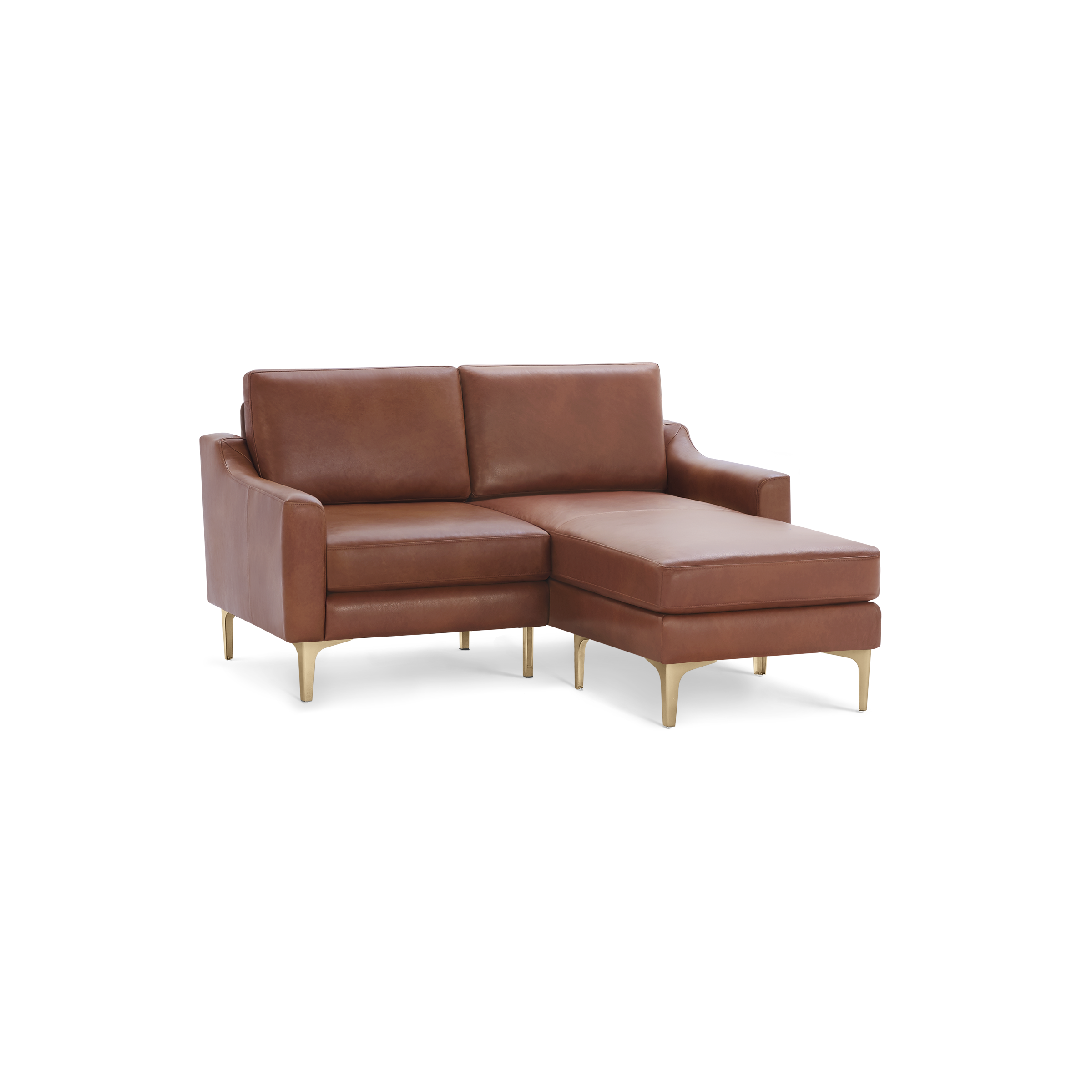 Brown leather sectional sofa with chaise, sleek design, and gold-toned legs, offering modern comfort and style.