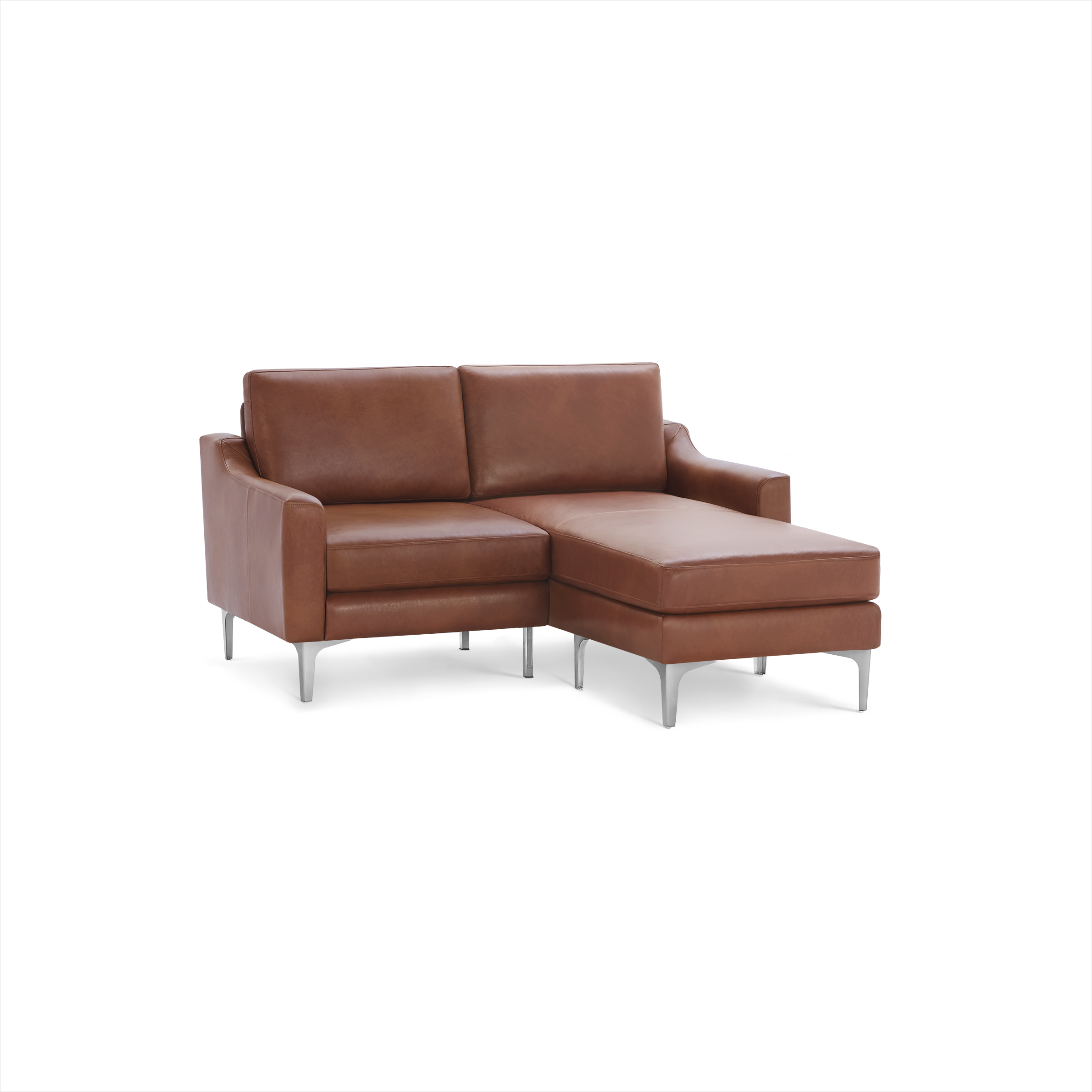 Modern brown leather sectional sofa with metal legs, featuring a chaise lounge on the right side and plush cushioning.