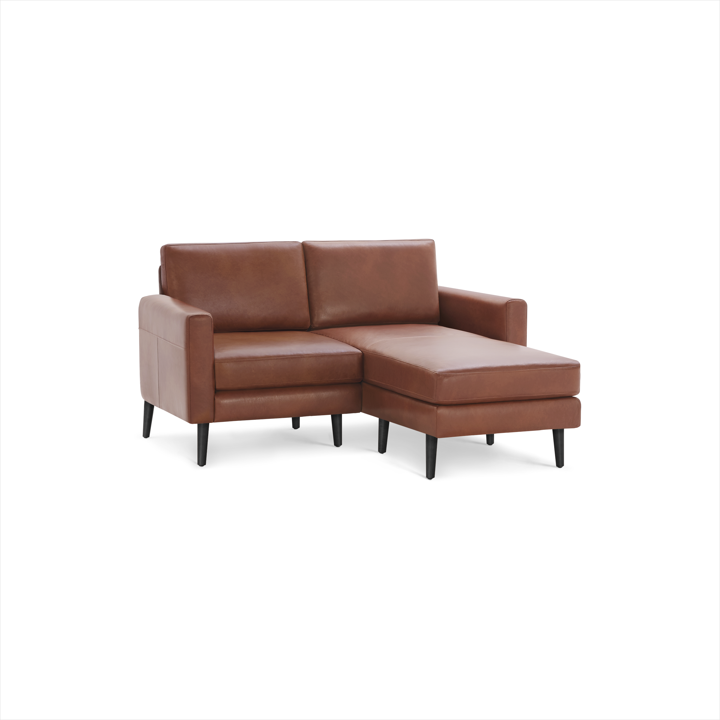 Modern brown leather sectional sofa with chaise lounge, featuring clean lines and black tapered legs for a contemporary look.