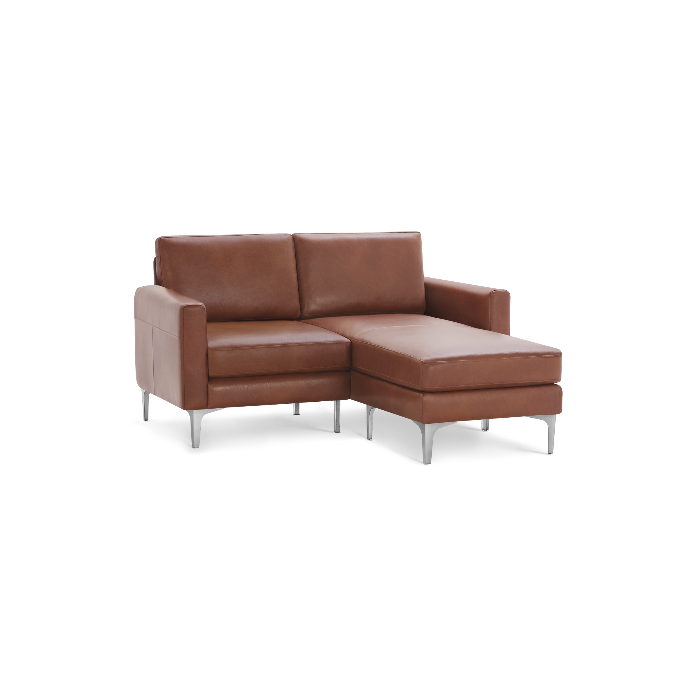 Modern brown leather sectional sofa with chaise lounge, sleek metal legs, and clean, minimalist design against black background.