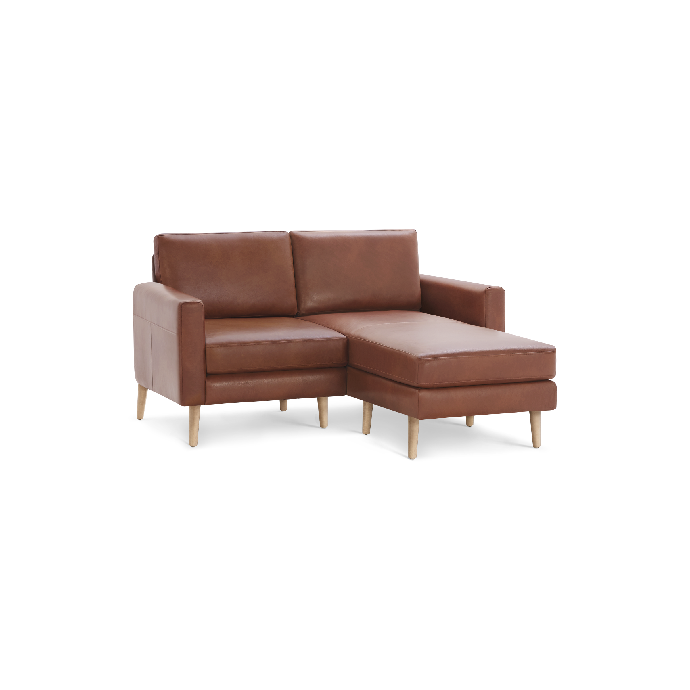 Brown leather sectional sofa with chaise lounge, wooden legs, and clean modern design for living room seating.