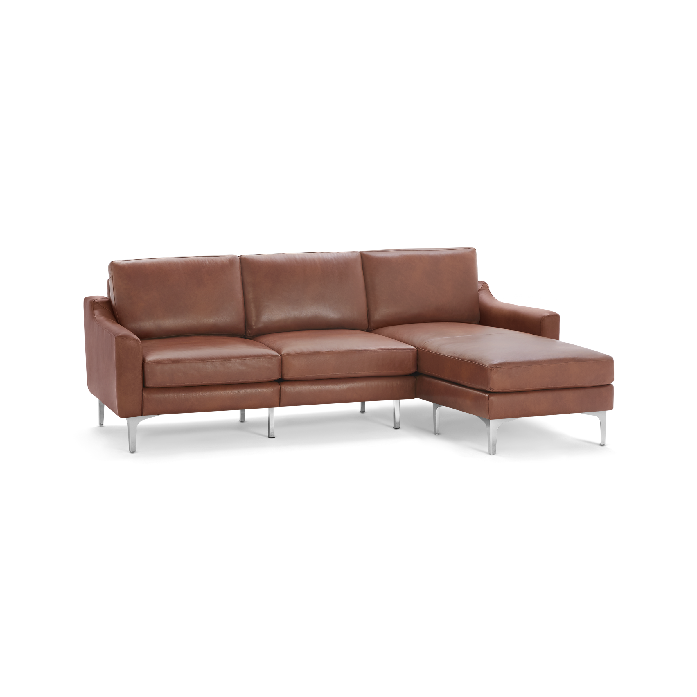 Modern L-shaped brown leather sectional sofa with metal legs, featuring three back cushions and a chaise lounge on the right side.