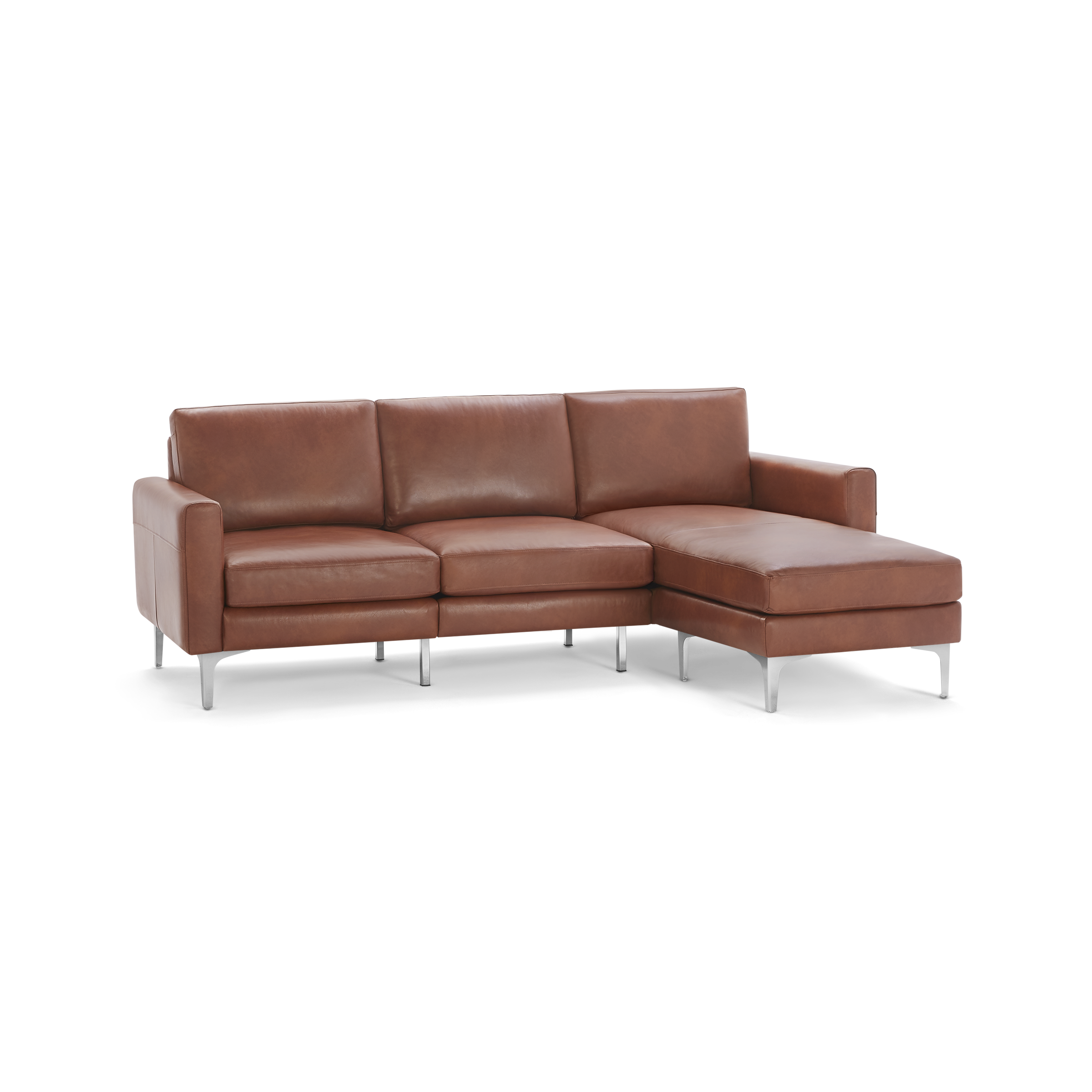 Modern brown leather sectional sofa with three seat cushions, chaise lounge on right, and sleek metal legs.