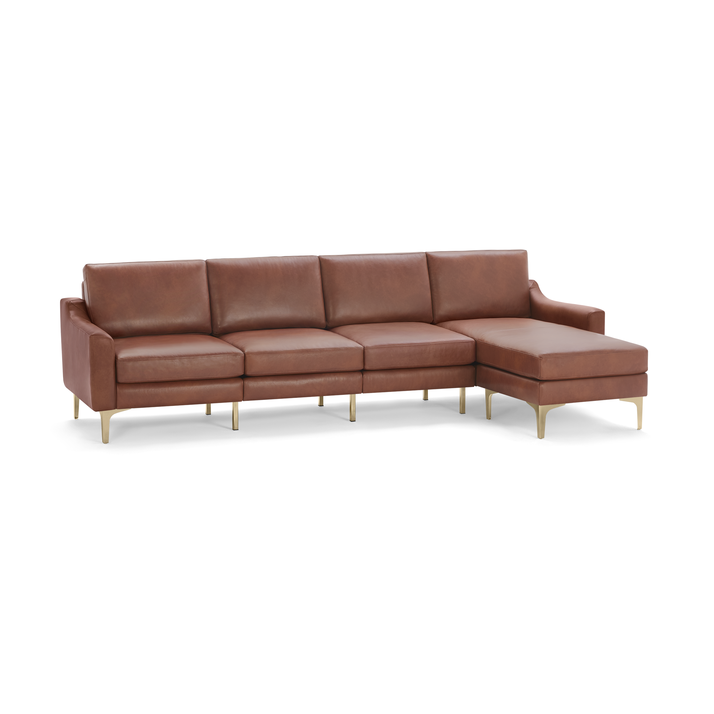 Modern sectional sofa upholstered in rich brown leather with gold metal legs and chaise lounge on the right side.
