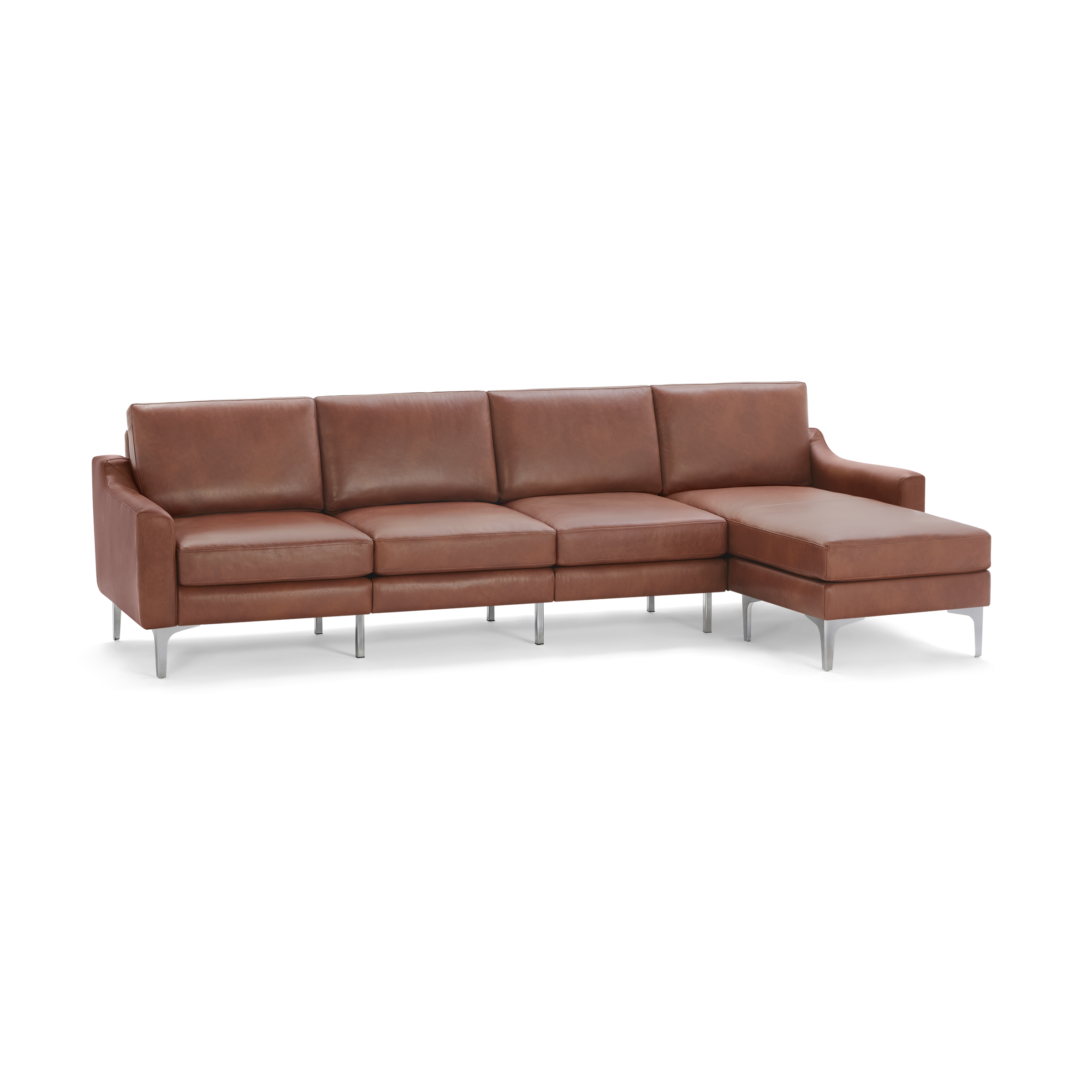 Modern sectional sofa with brown leather upholstery, clean lines, and metal legs, featuring a chaise lounge on the right side.