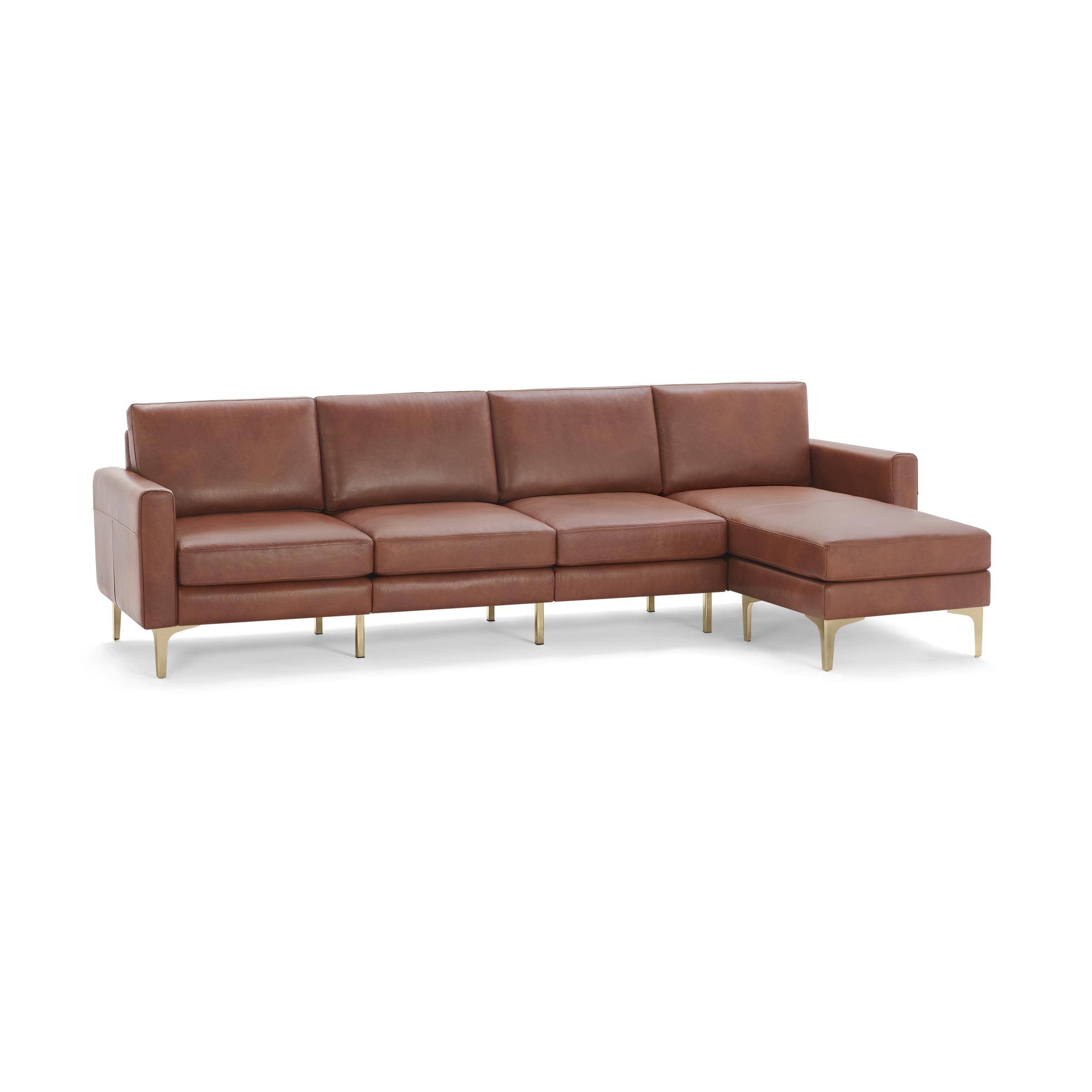 Modern sectional sofa in rich brown leather with clean lines, plush cushions, and sleek metallic legs, featuring a chaise lounge on the right.