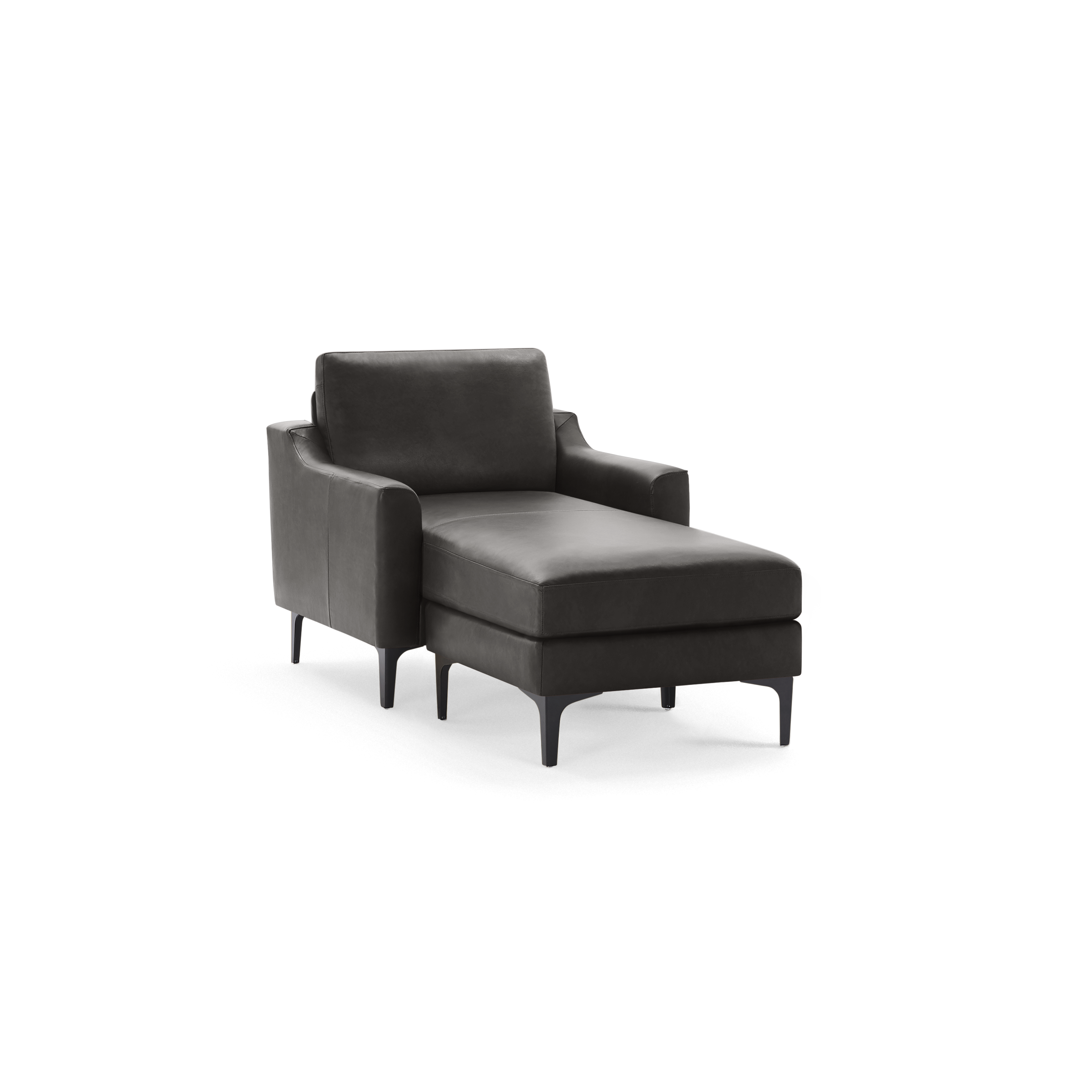 Dark gray leather chaise lounge chair with cushioned seat, supportive backrest, armrests, and slim black legs.