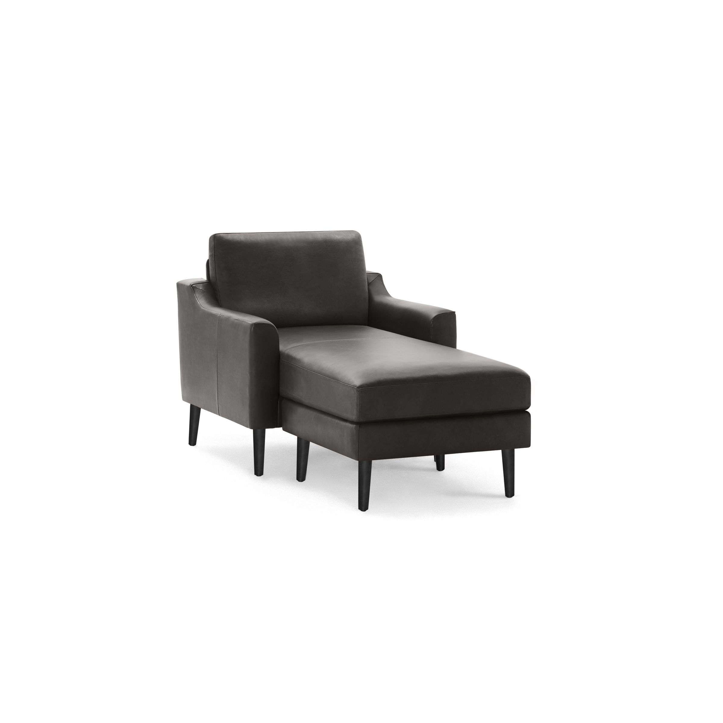 Dark gray modern leather chaise lounge chair with armrests and tapered black wooden legs on black background.