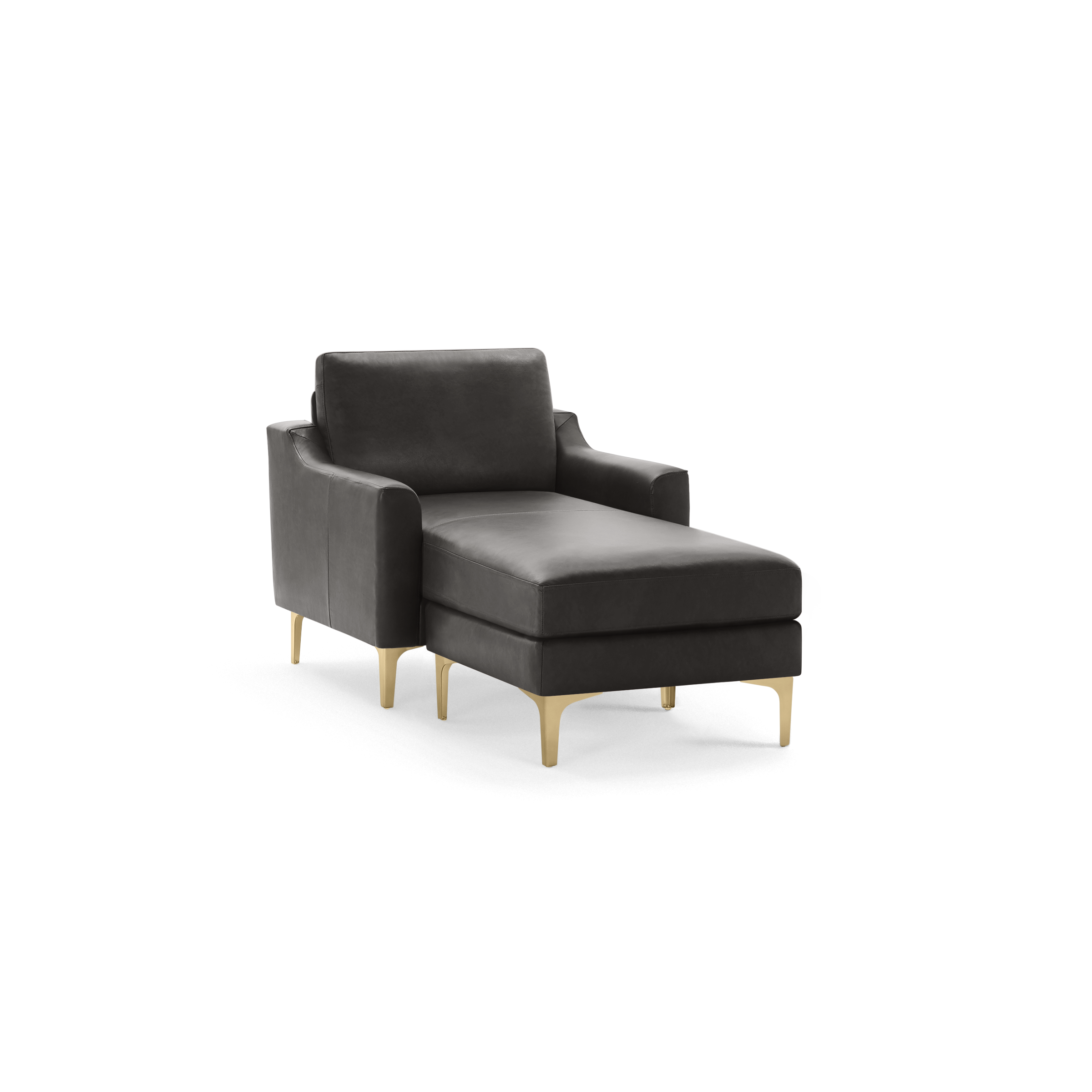 Modern dark gray chaise lounge chair with soft upholstery, rectangular backrest, armrests, and gold-colored metal legs.