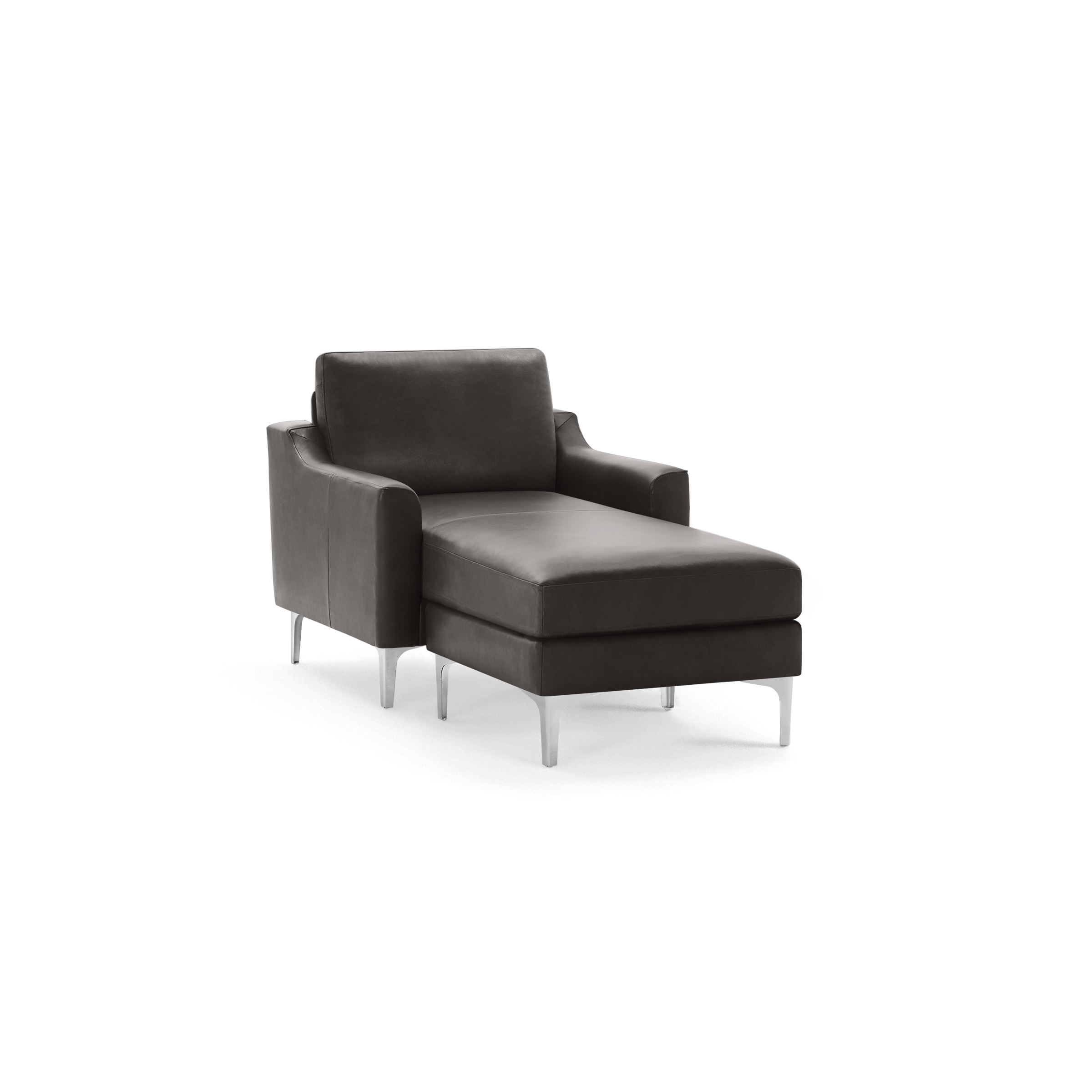 Dark gray leather chaise lounge with metal legs and armrests, featuring a cushioned backrest and extended seat for reclining.