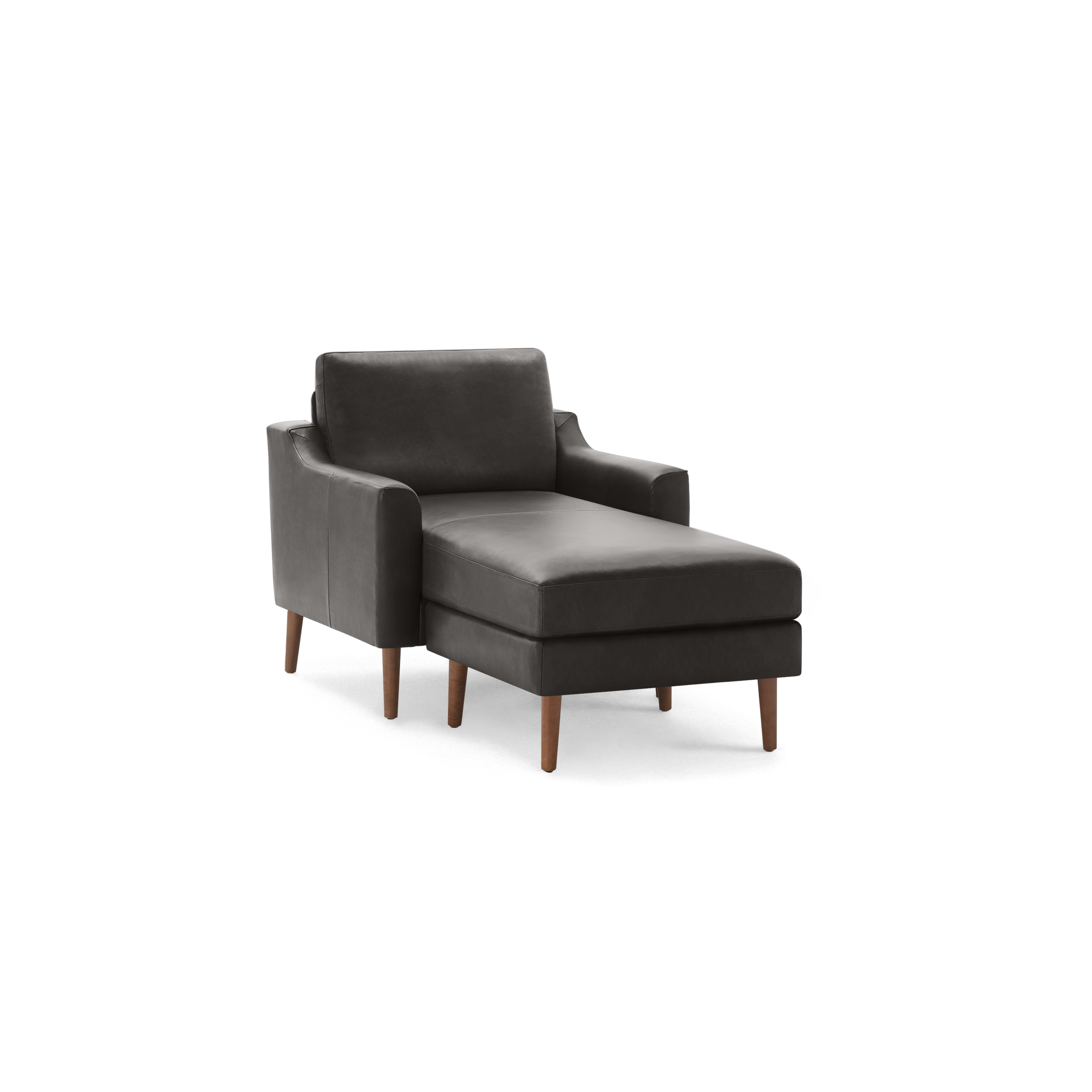 Modern dark gray leather chaise lounge chair with wooden legs and cushioned armrests, isolated on black background.