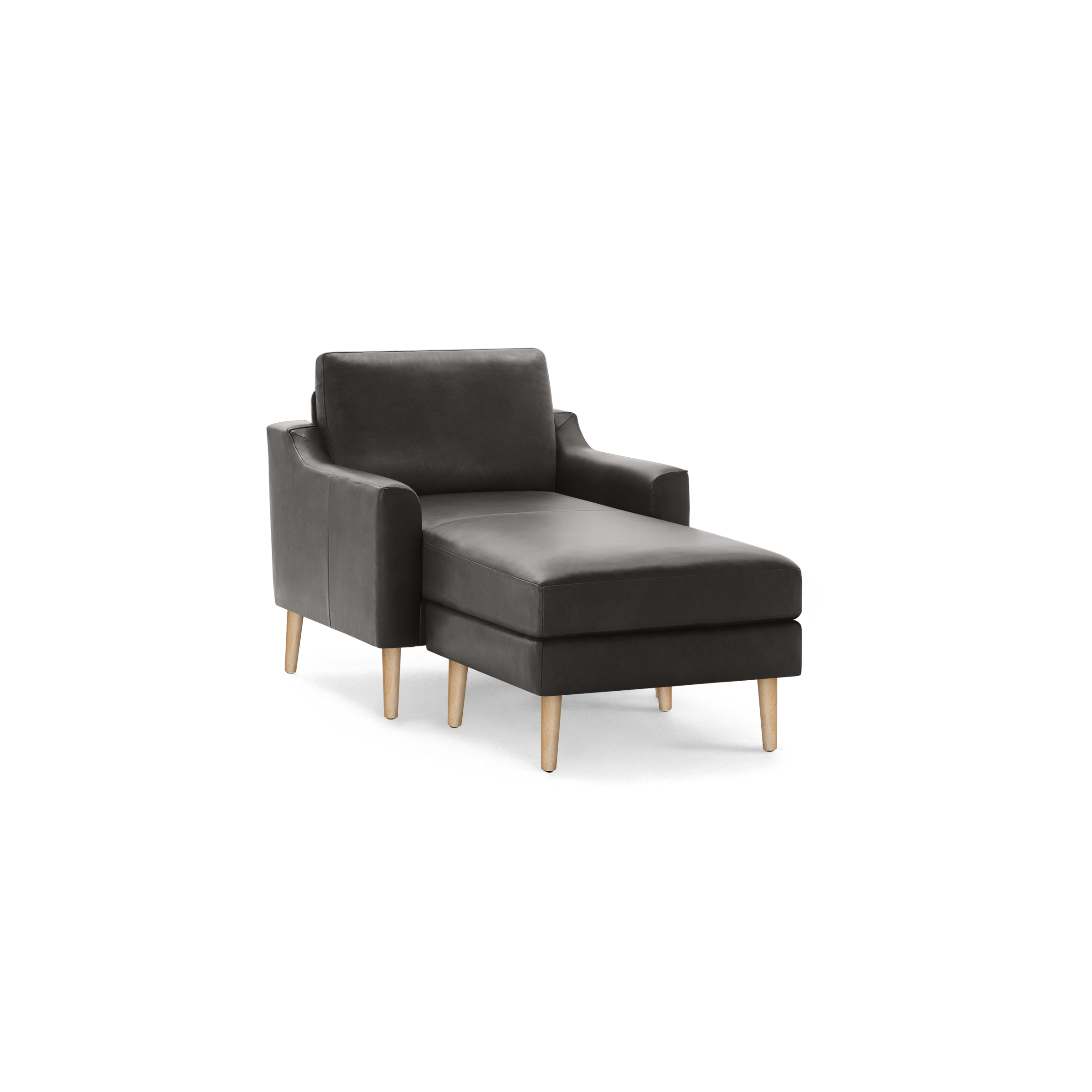 Dark gray modern chaise lounge with wooden legs and armrests, upholstered in smooth fabric, isolated on black background.