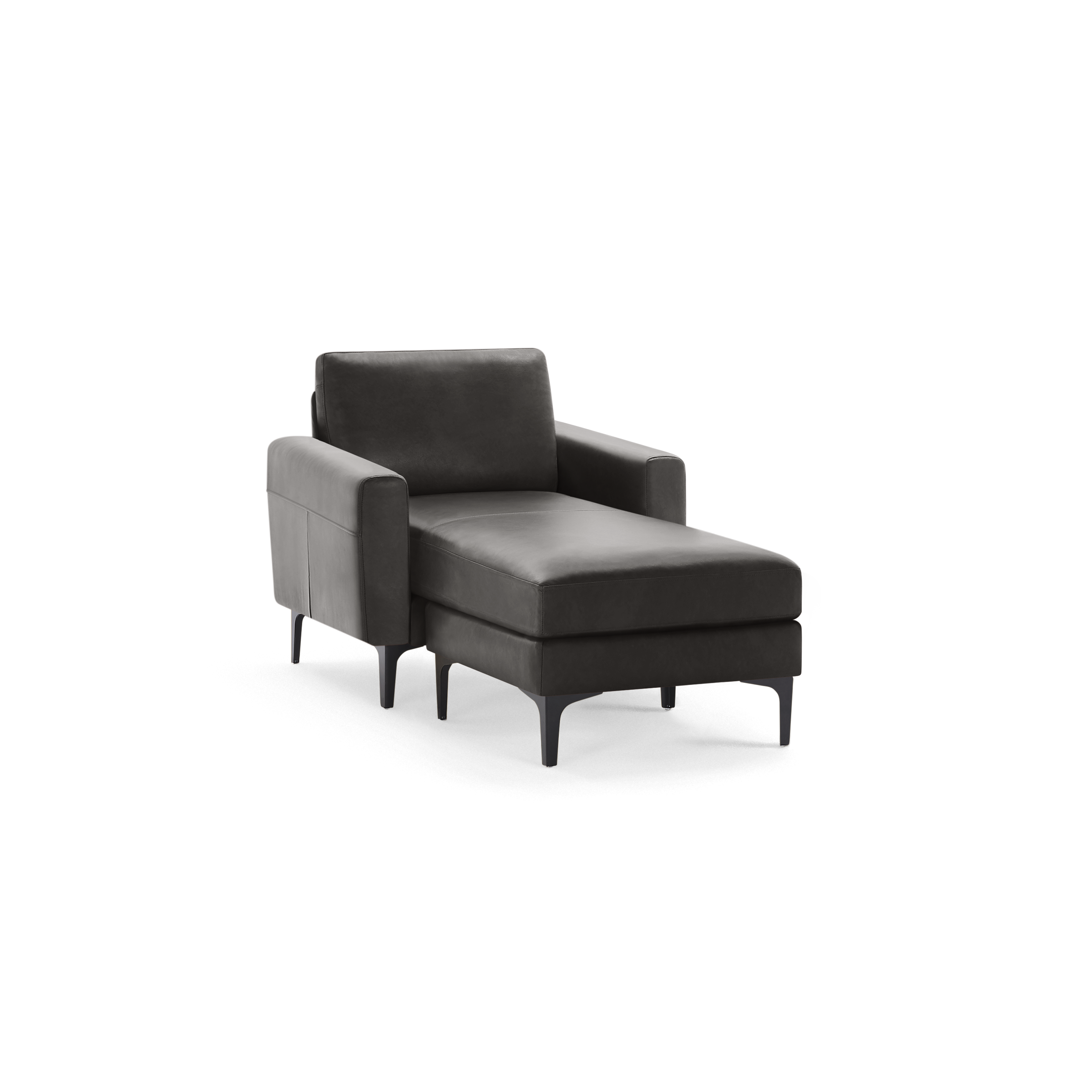 Modern dark gray leather chaise lounge chair with armrest and black slim metal legs, designed for stylish comfort.