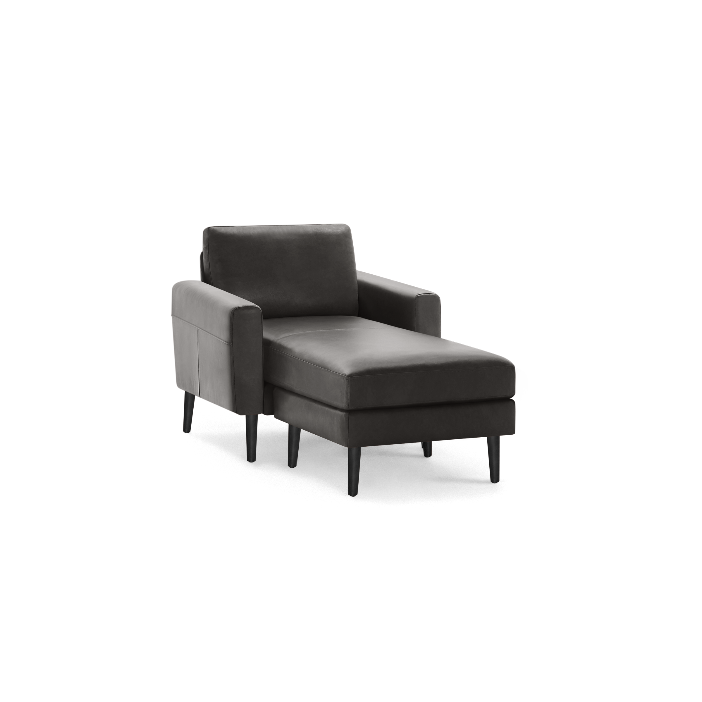 Dark gray modern chaise lounge chair with straight armrests and tapered black legs isolated on black background.