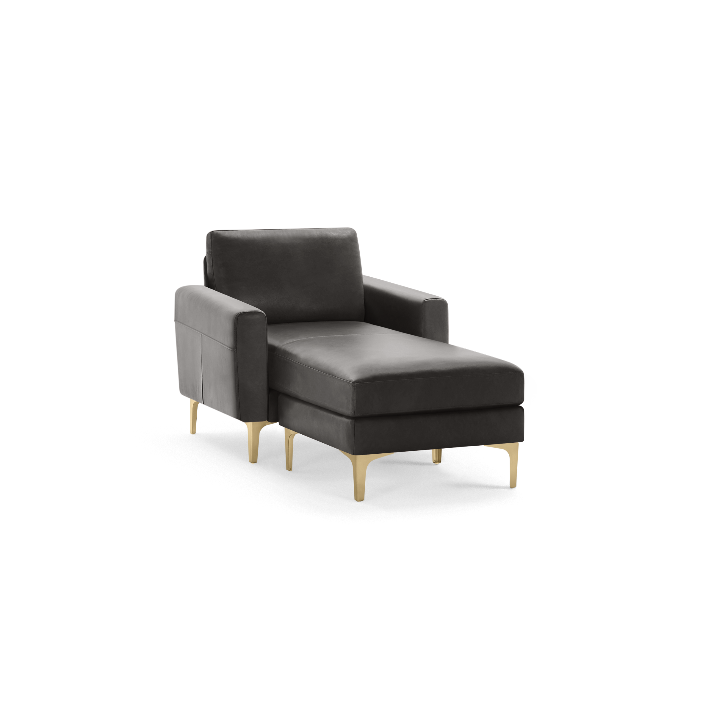 Modern dark gray chaise lounge chair with armrests and gold metal legs, offering sleek and comfortable seating.
