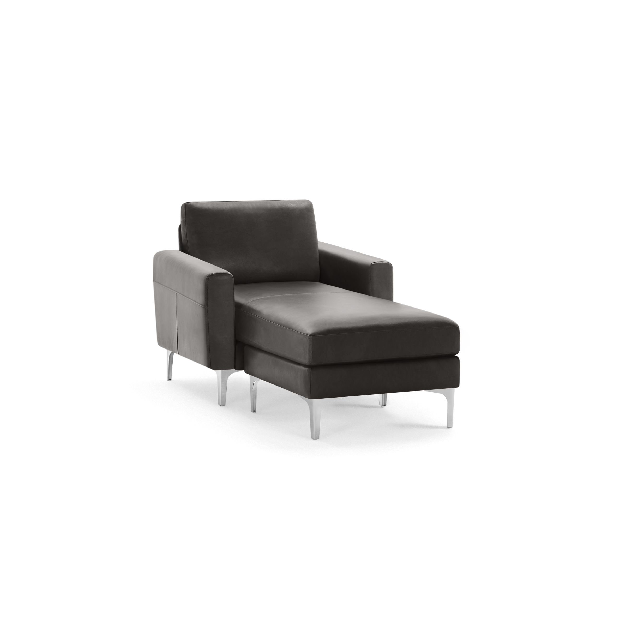 Dark gray modern chaise lounge chair with armrests and metal legs, upholstered in smooth fabric.
