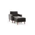 Modern dark gray chaise lounge chair with square armrests and wooden tapered legs, designed for comfortable lounging.