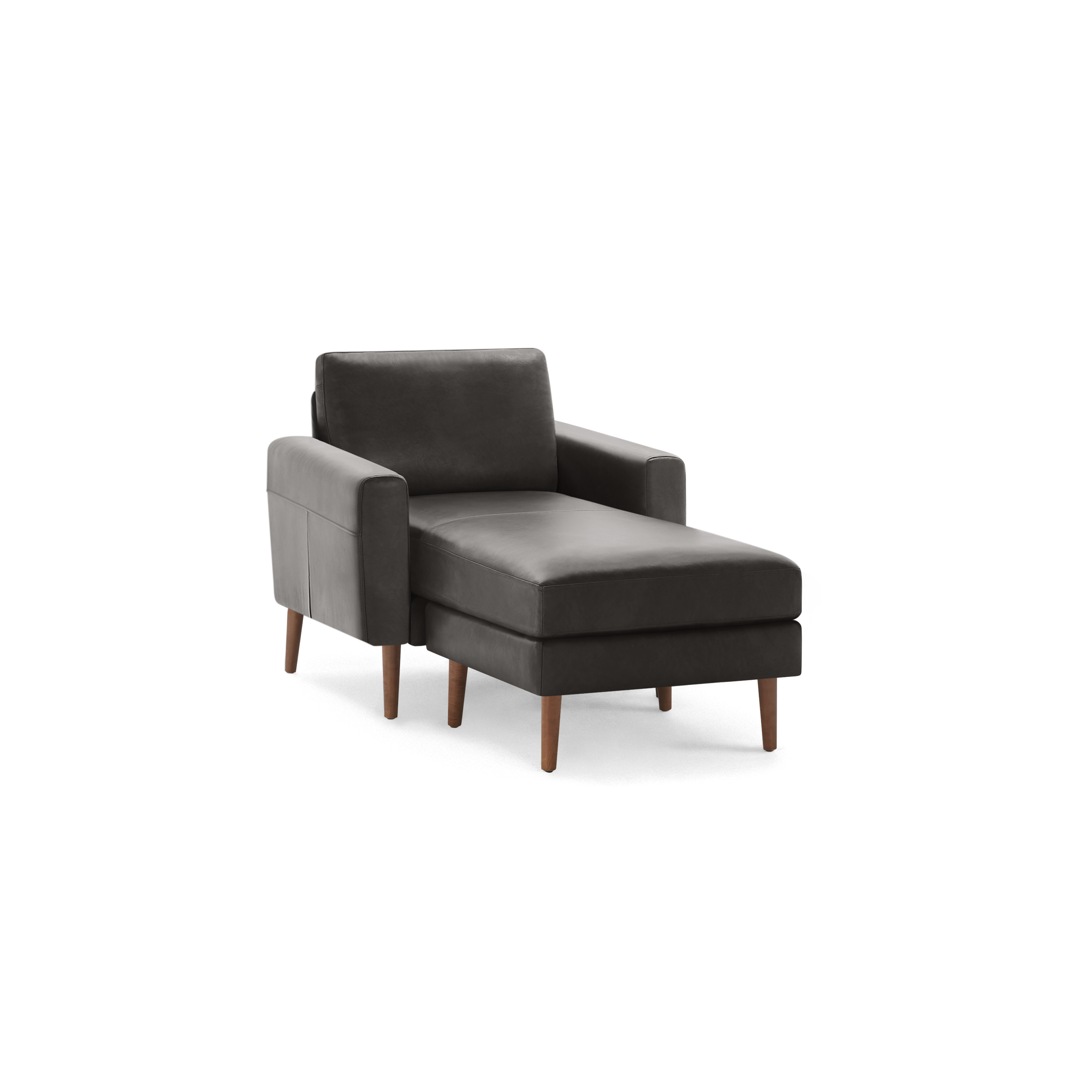 Modern dark gray chaise lounge chair with square armrests and wooden tapered legs, designed for comfortable lounging.