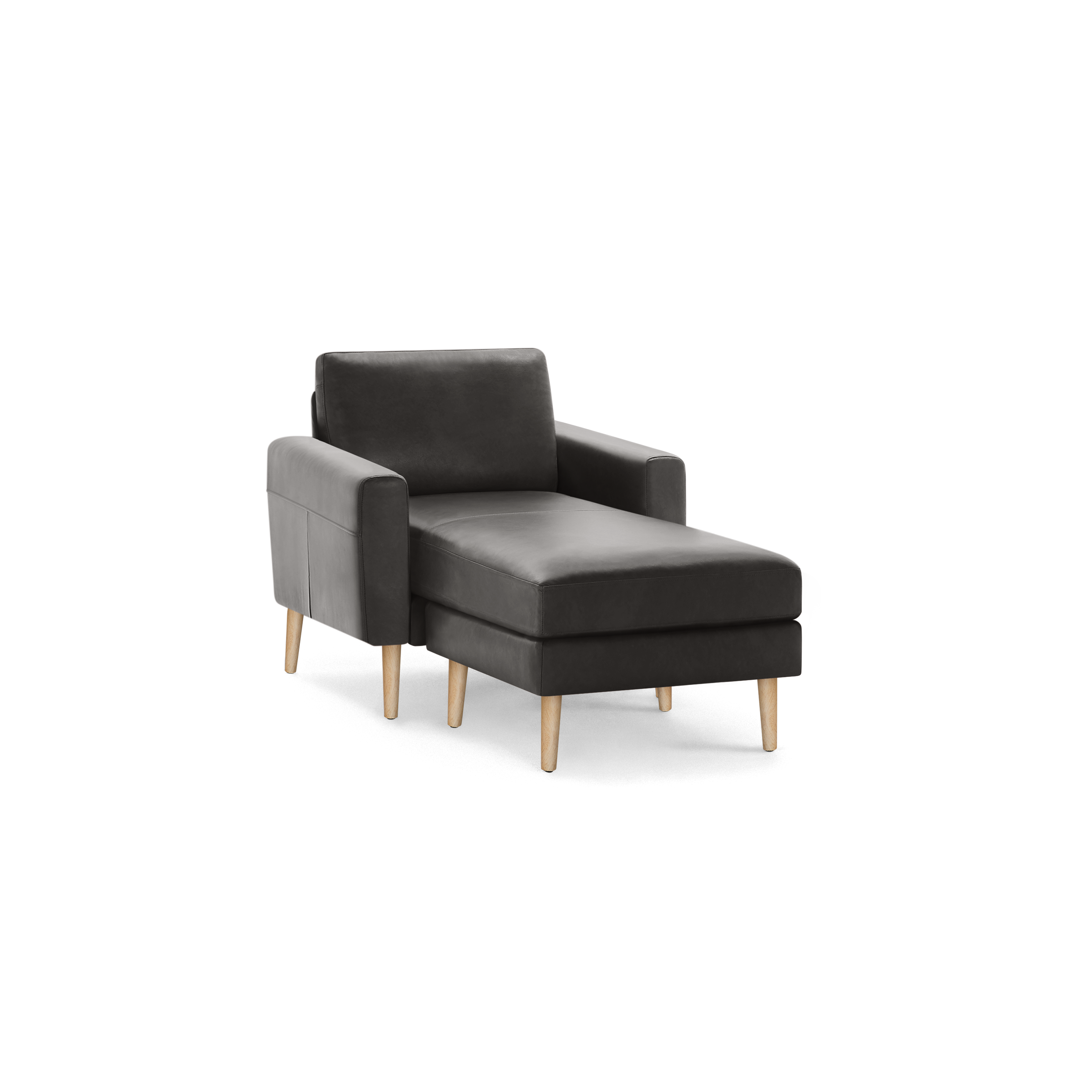 Modern dark gray upholstered chaise lounge with wooden legs and armrests, designed for comfort and relaxation.