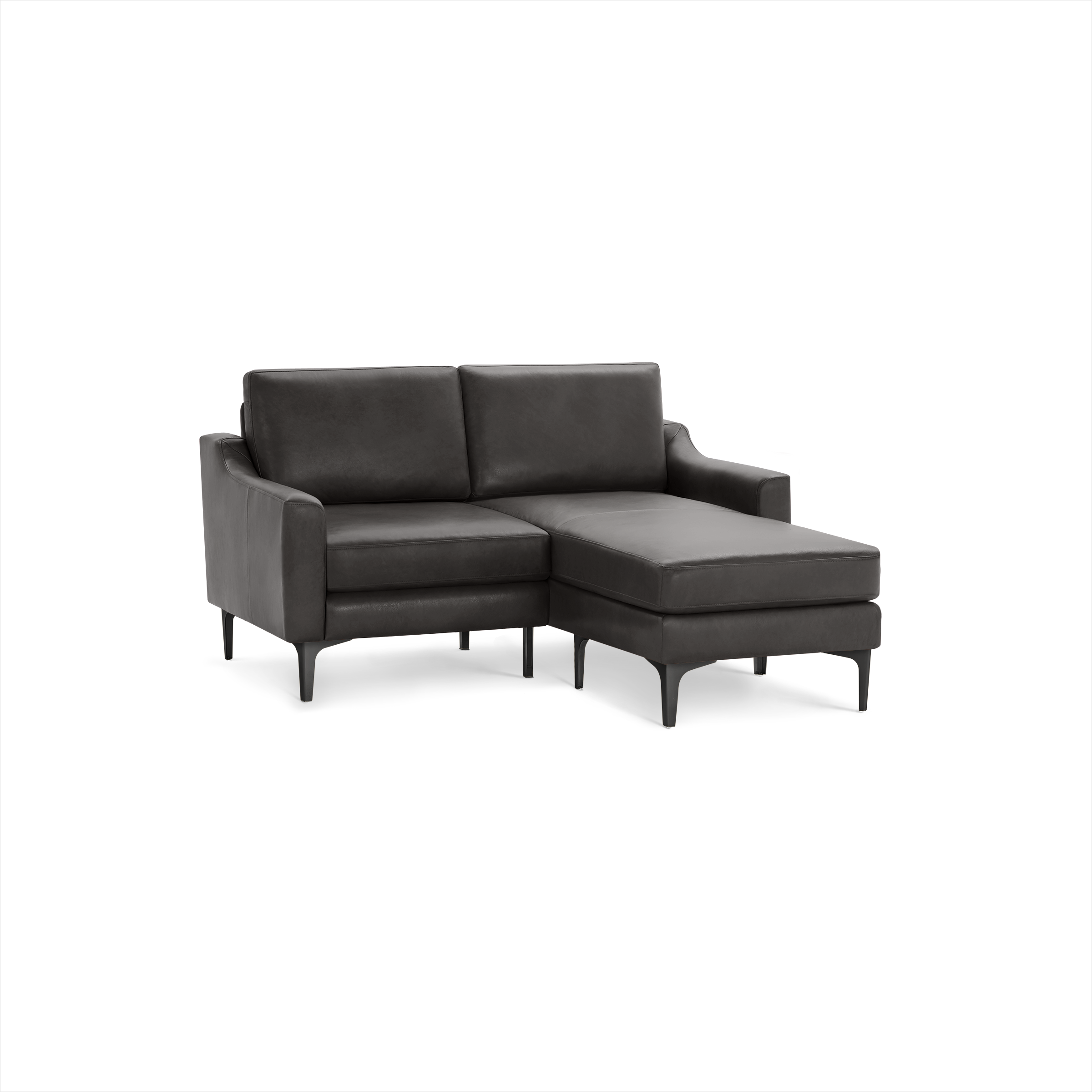 Dark gray leather sectional sofa with chaise lounge on the right side, featuring slim black legs and modern design.