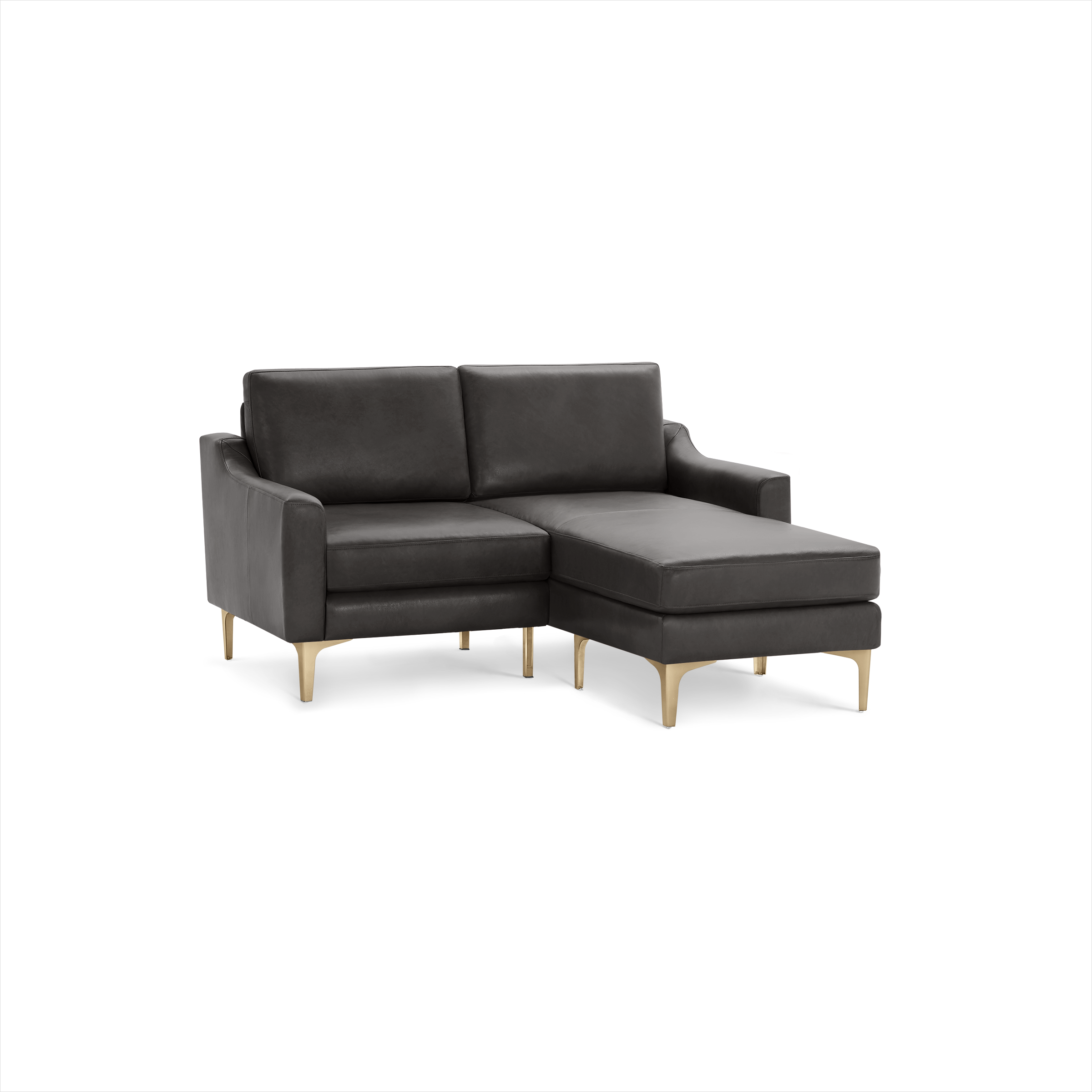 Modern dark gray sectional sofa with chaise, featuring sleek gold metal legs and cushioned back and seat.