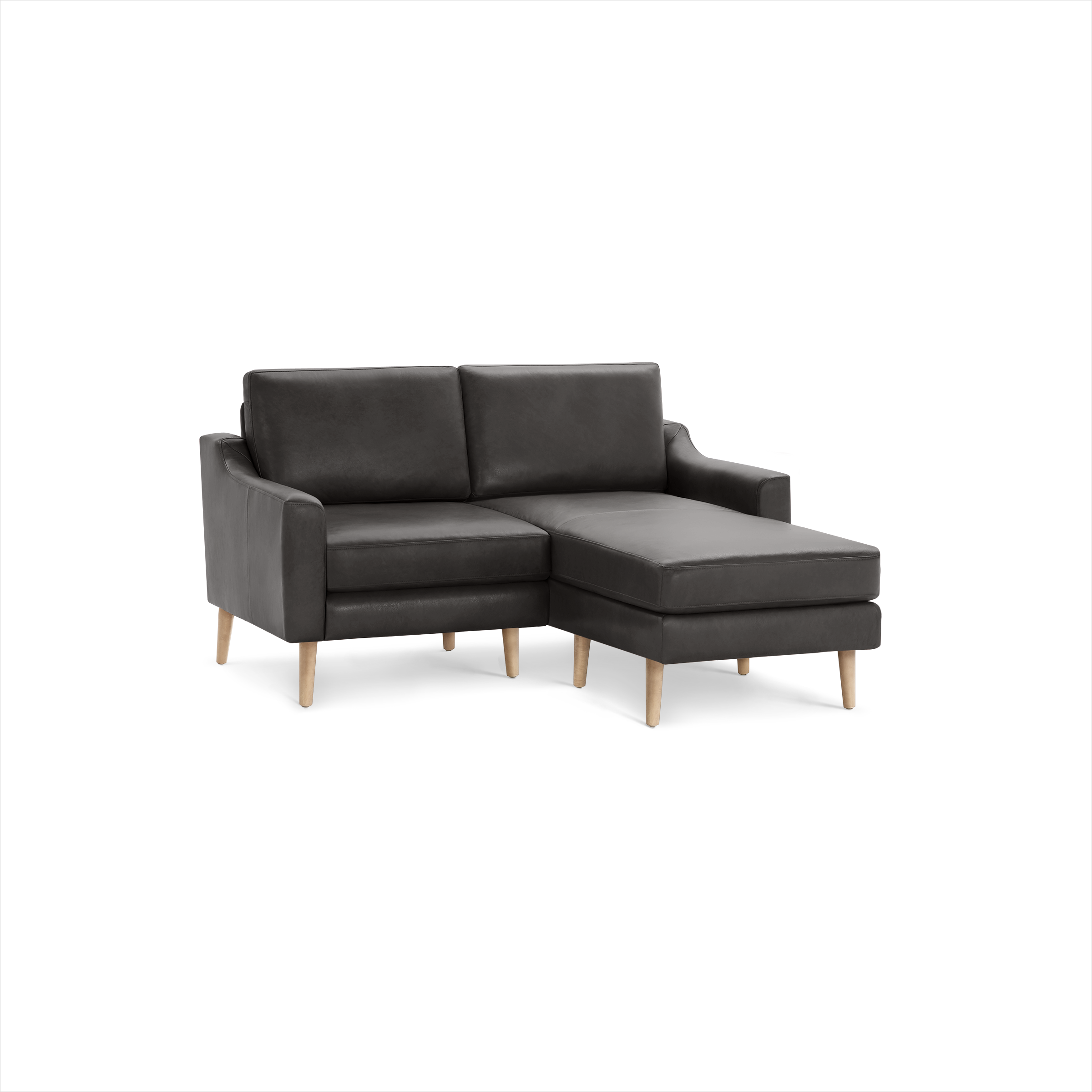 Dark gray modern sectional sofa with wooden legs, featuring a left-side chaise lounge and clean, straight lines.