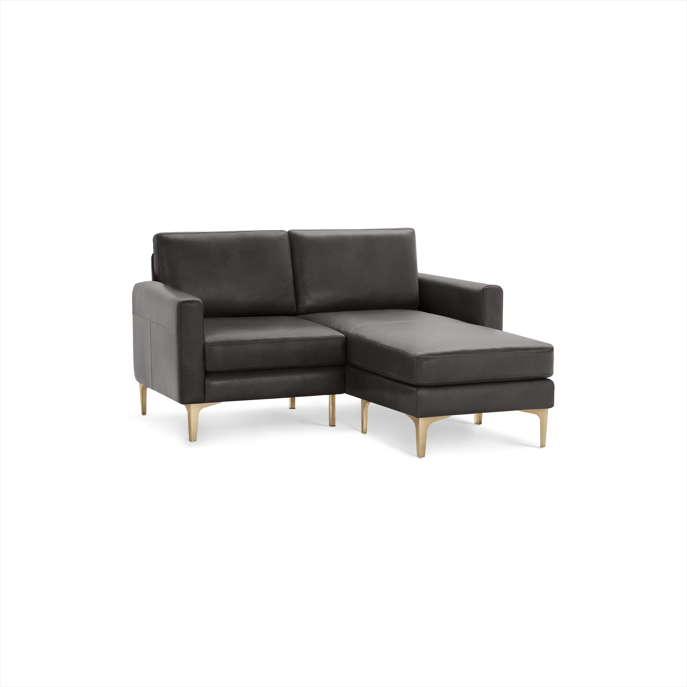Modern dark gray leather sectional sofa with chaise lounge, featuring sleek gold metal legs and clean lines.