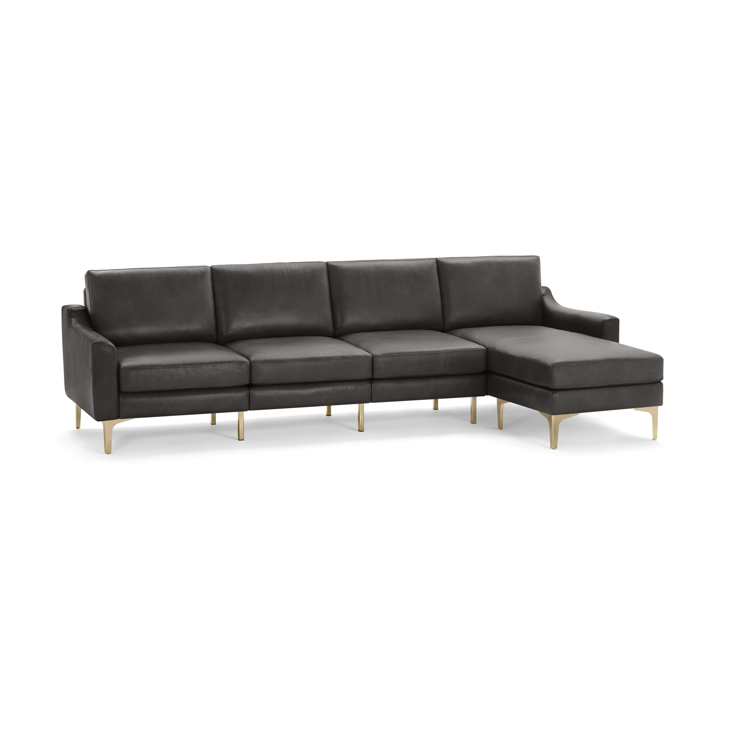 Dark gray leather sectional sofa with gold metal legs, featuring four seats and an extended chaise lounge on the right side.