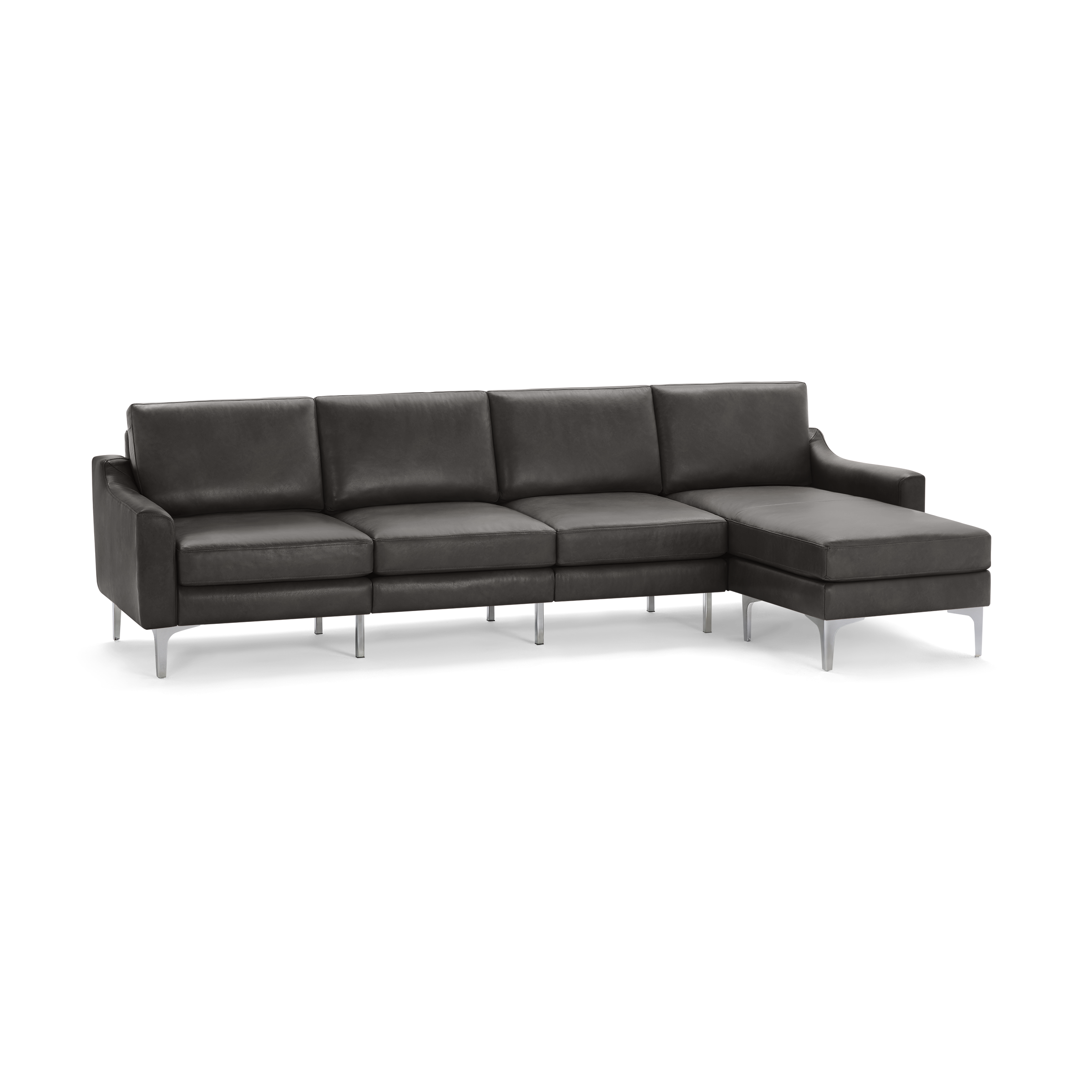Modern dark gray sectional sofa with clean lines, cushioned seats, and metal legs, featuring a chaise lounge on the right side.