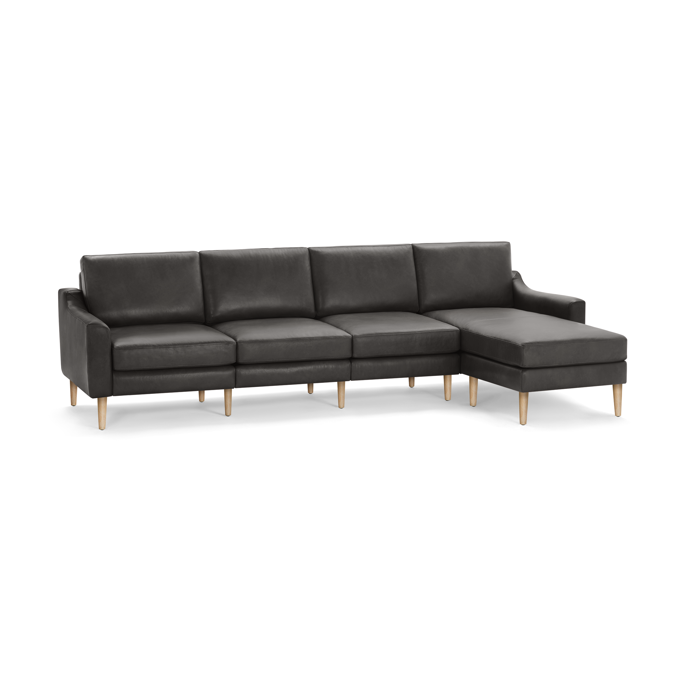 Dark gray sectional sofa with chaise lounge, featuring smooth upholstery and light wood tapered legs, modern minimalist design.