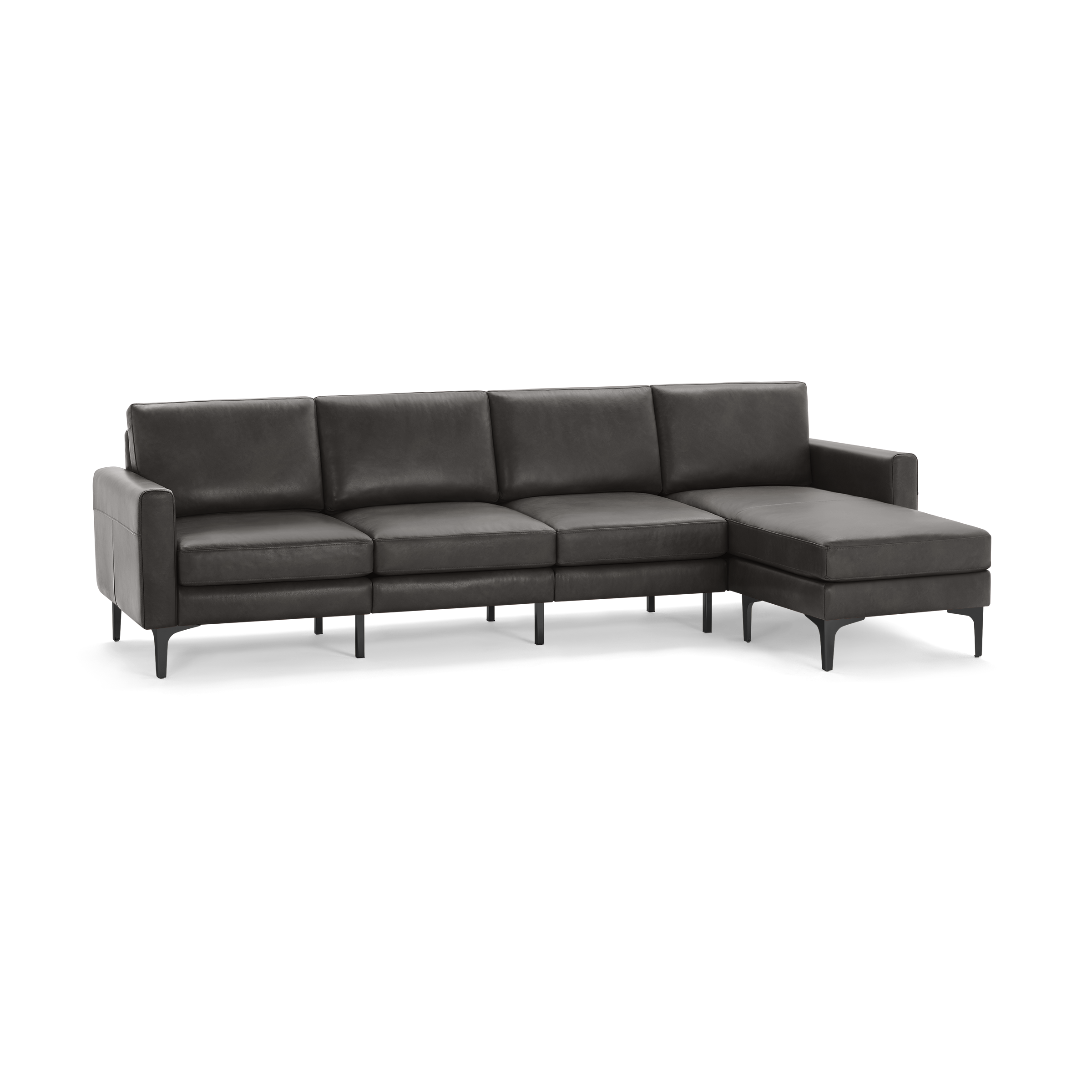 Dark gray L-shaped sectional sofa with a chaise lounge, cushioned seats, and sleek black legs.