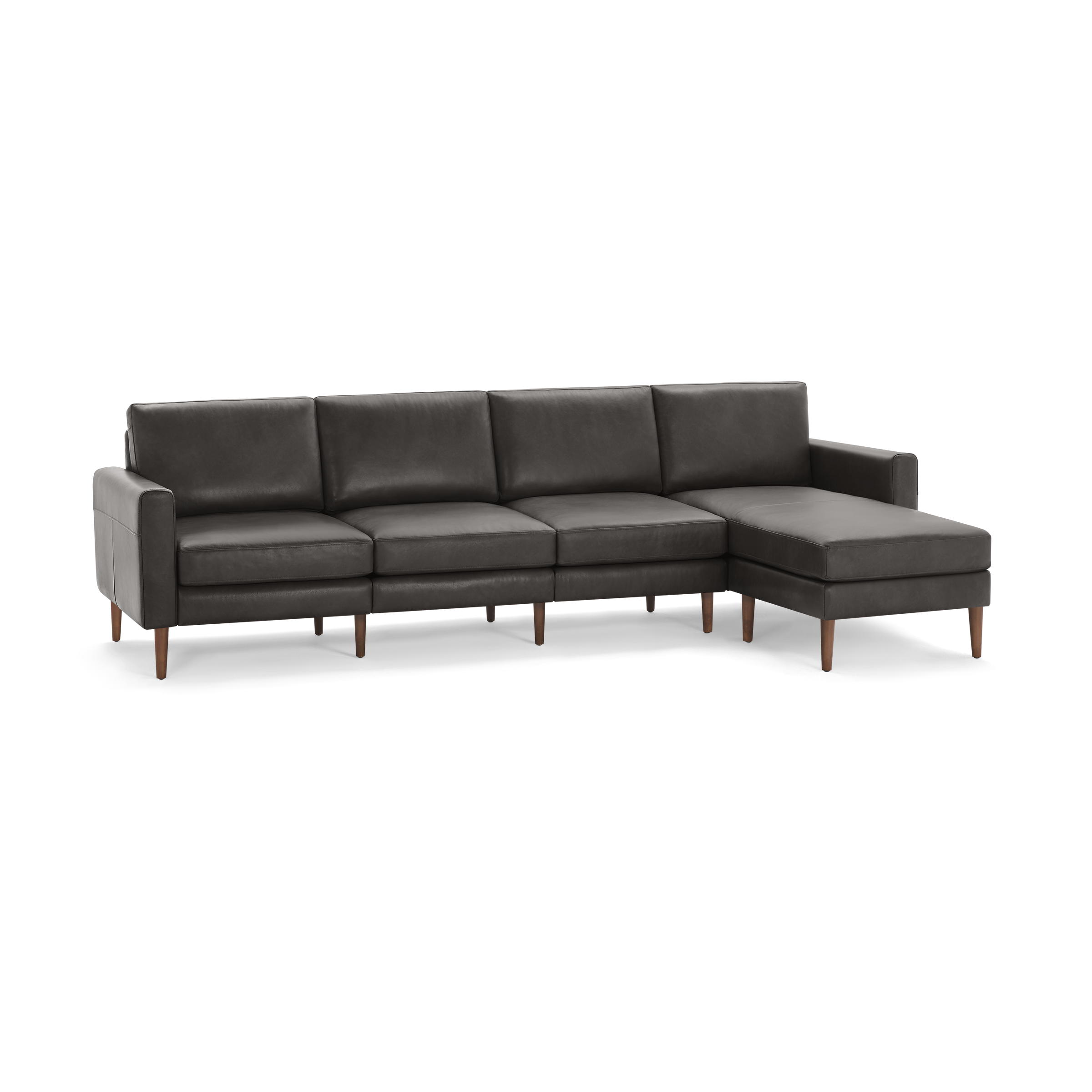 Modern dark gray leather sectional sofa with chaise lounge and wooden legs, offering sleek and comfortable seating for living rooms.
