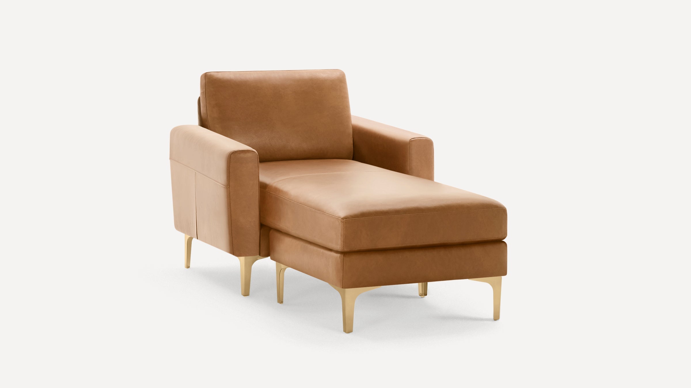 Nomad Plus Leather Club Chair with Chaise - Camel - Top Grain Leather / Brass - Metal / Block Arm
