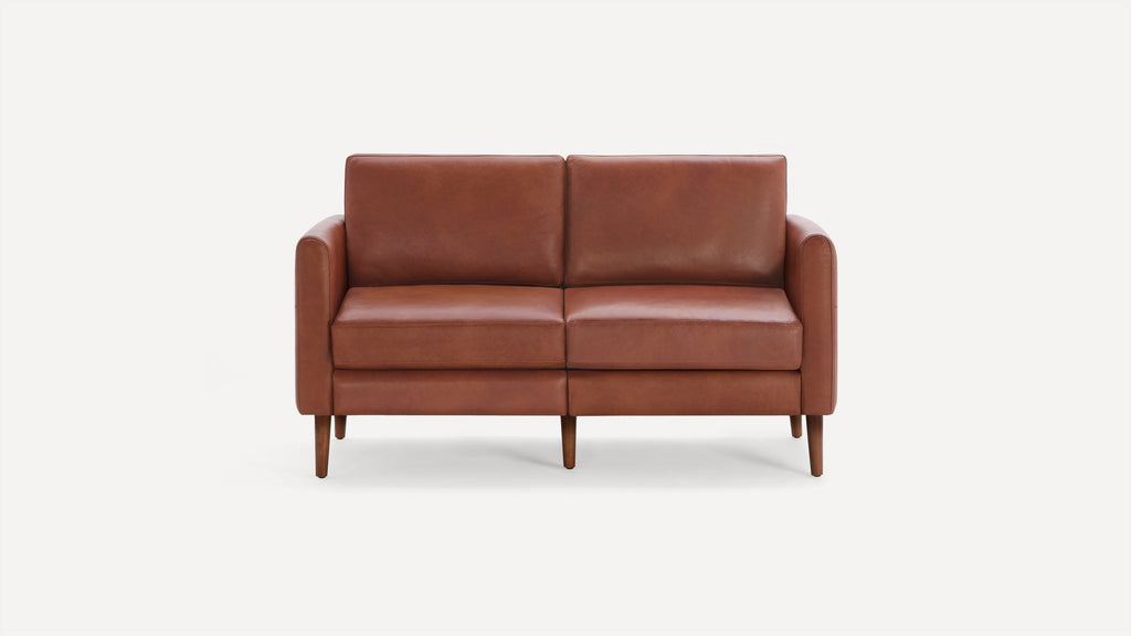 Modern two-seater sofa with rich brown leather upholstery and wooden tapered legs, featuring clean lines and plush cushions.