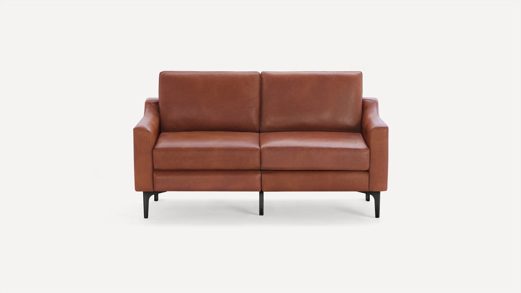 Modern two-seater brown leather sofa with clean lines, padded armrests, and black metal legs on a white background.
