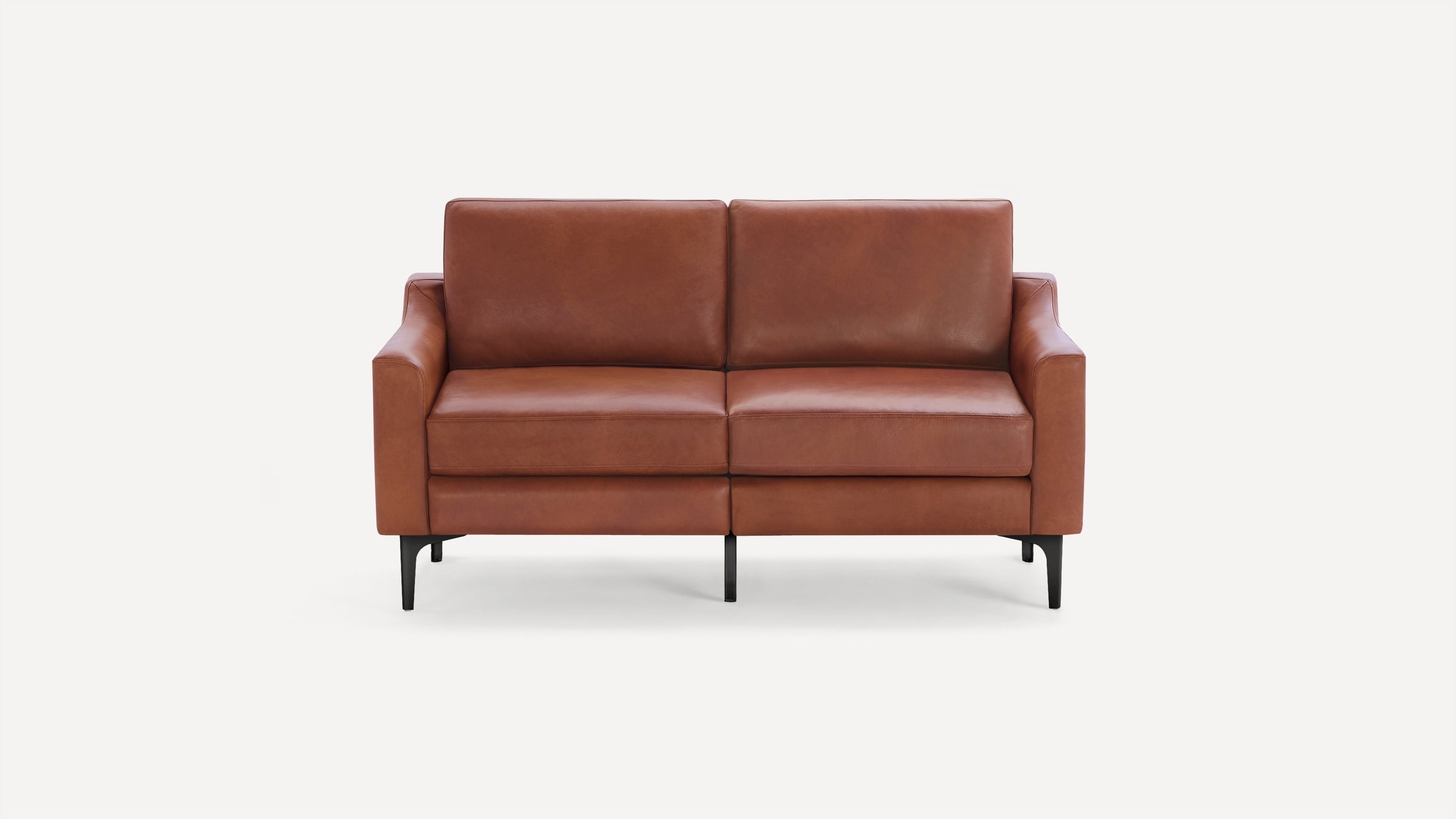 Modern two-seater brown leather sofa with clean lines, padded armrests, and black metal legs on a white background.