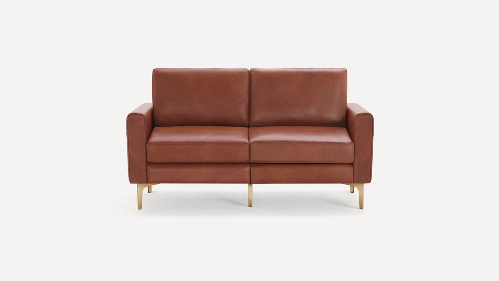 Modern two-seater brown leather sofa with clean lines and gold metal legs, shown against a plain white background.