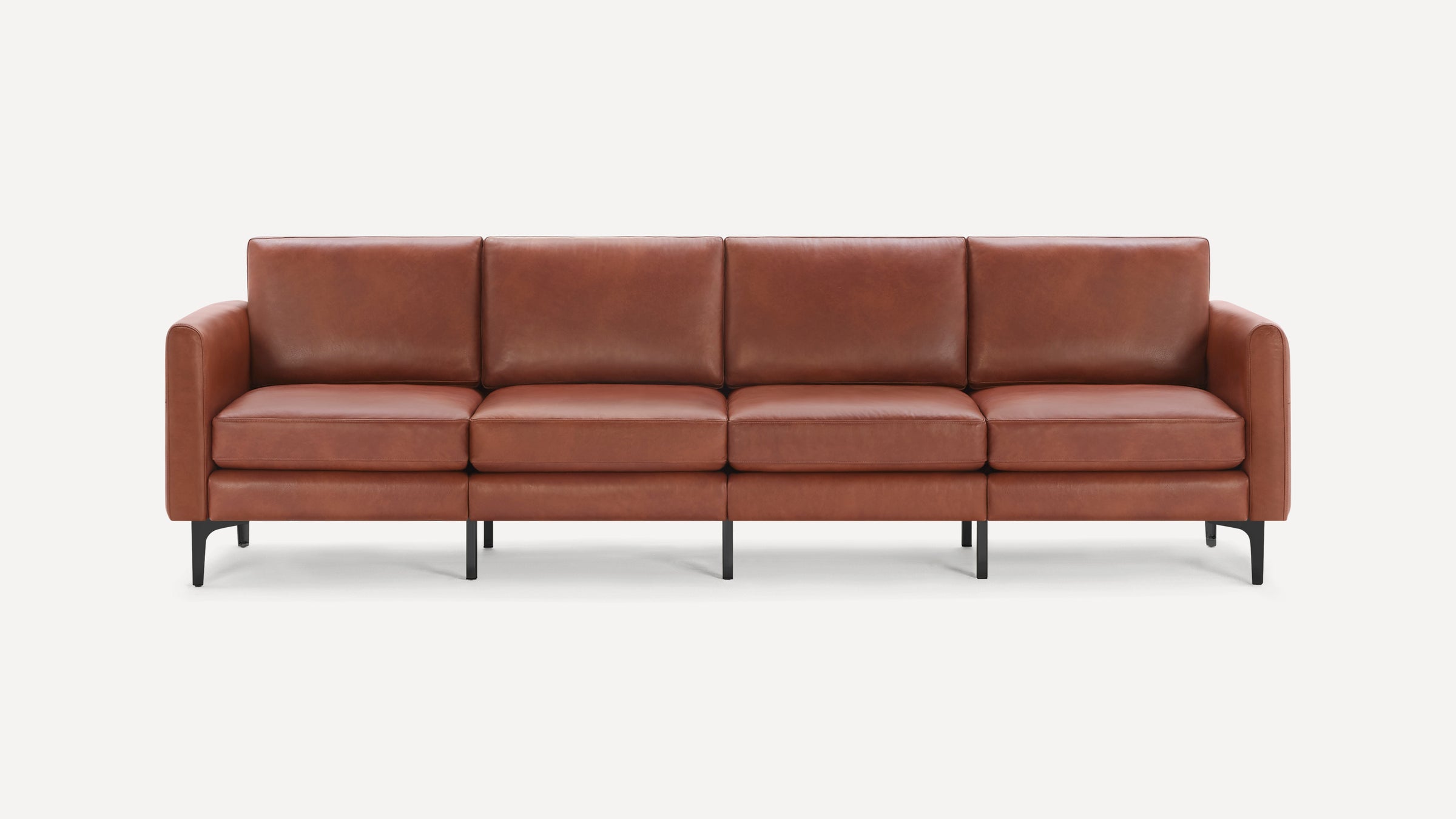 Modern four-seater sofa with brown leather cushions and black metal legs, featuring clean lines and a minimalist design.