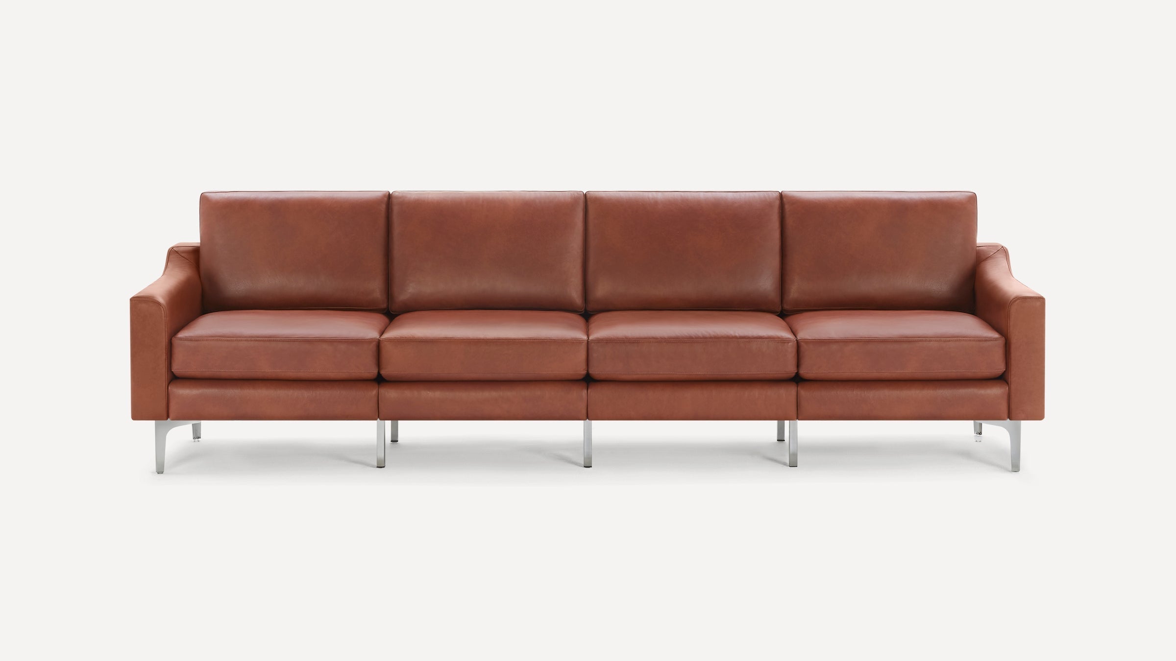 Brown leather sofa with four cushioned seats, straight arms, and sleek metal legs, displayed against a plain white background.
