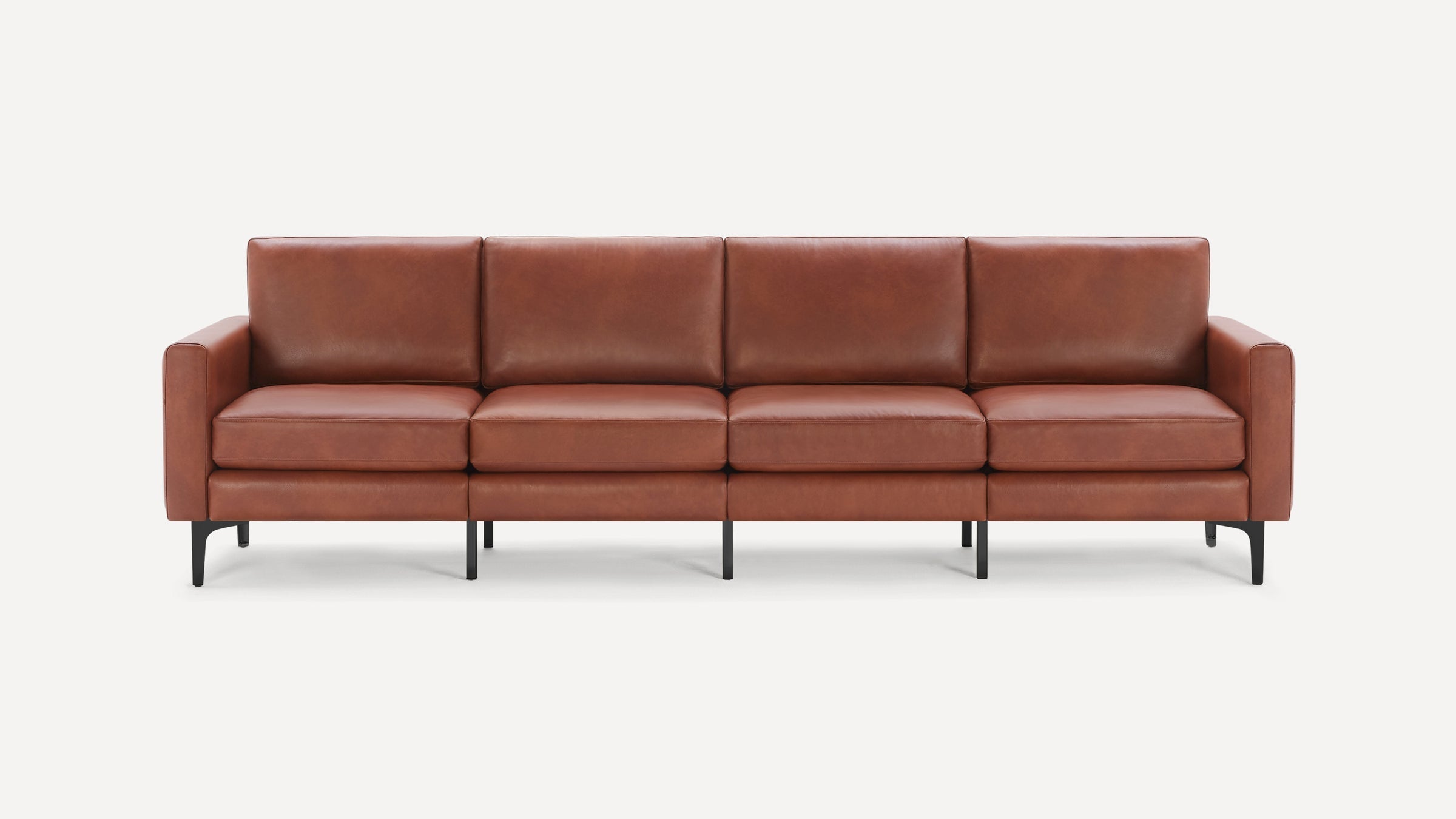 Four-seater modern brown leather sofa with clean lines, cushioned seats, straight armrests, and black metal legs on a white background.