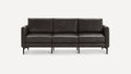 Modern three-seater sofa with dark gray leather upholstery and slim black metal legs against a plain white background.