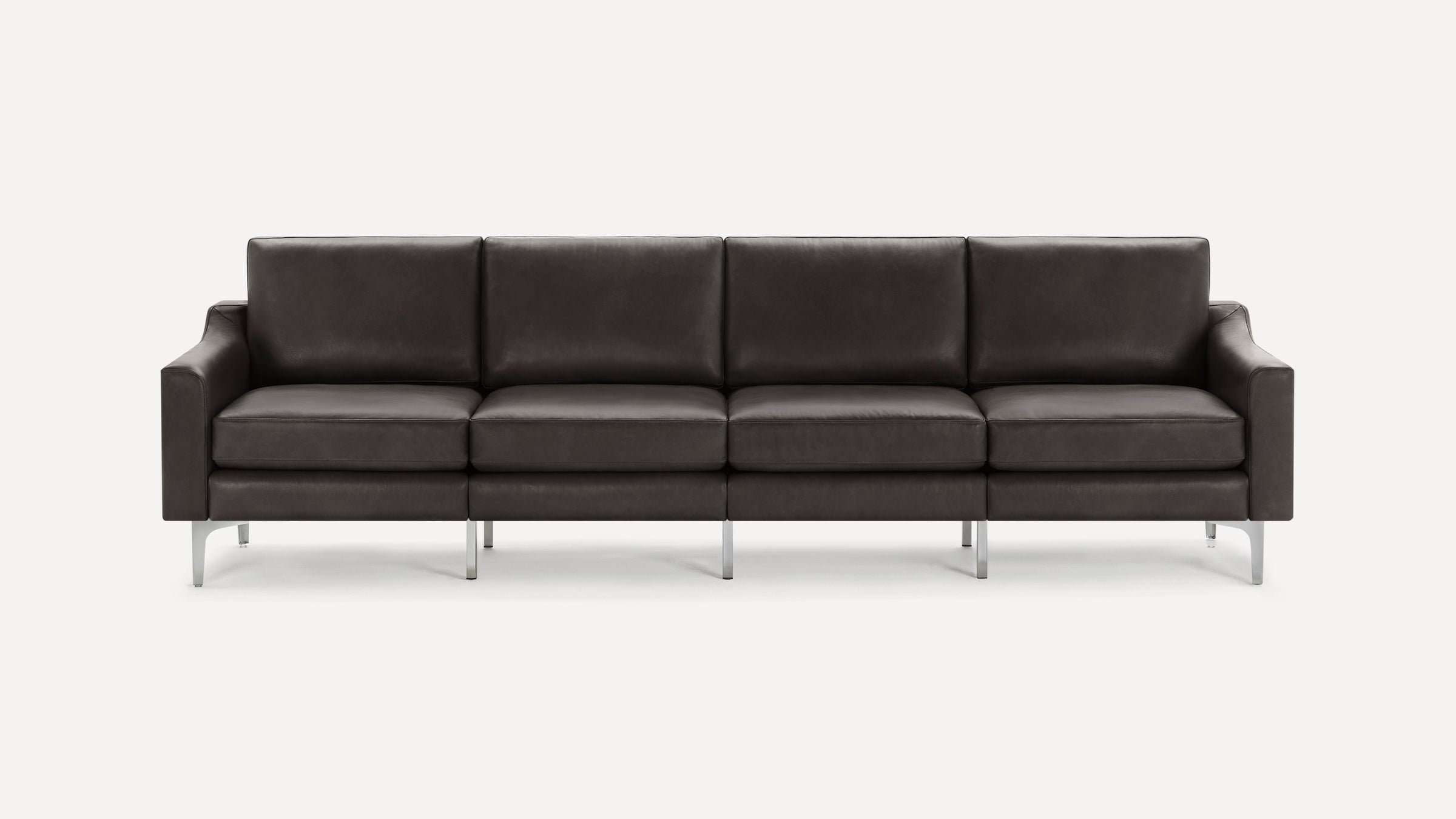 Modern dark gray leather four-seater sofa with clean lines, cushioned seats, straight arms, and sleek metal legs against a white background.